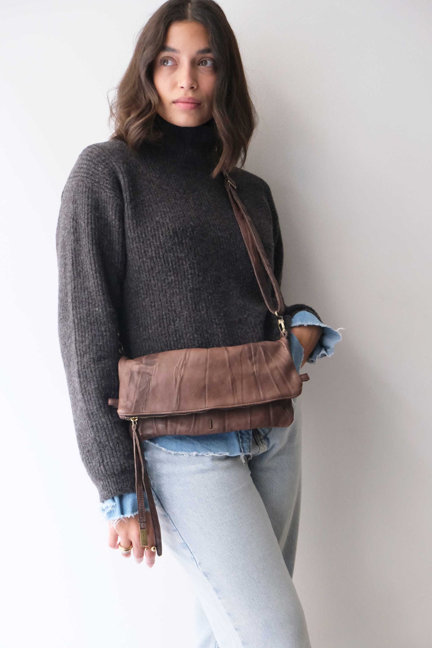 Stella modular pochette in brown nappa washed soft leather leather - Made in Italy -