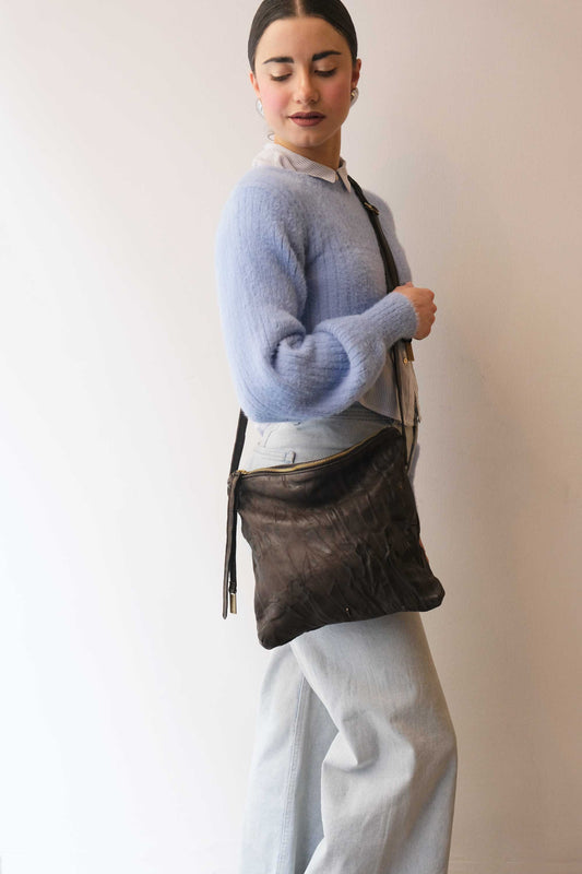 Valentina small hobo bag in brown lomè leather - Made in Italy -