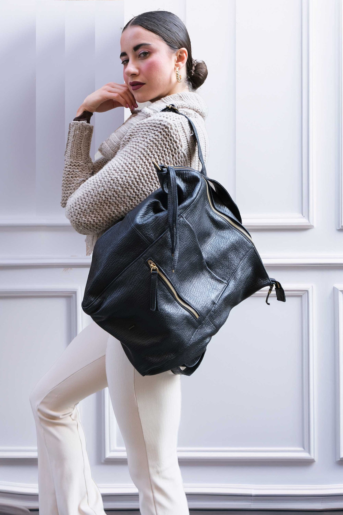 Vicky backpack in black shark-print vegetable-tanned nappa leather – Made in Italy -