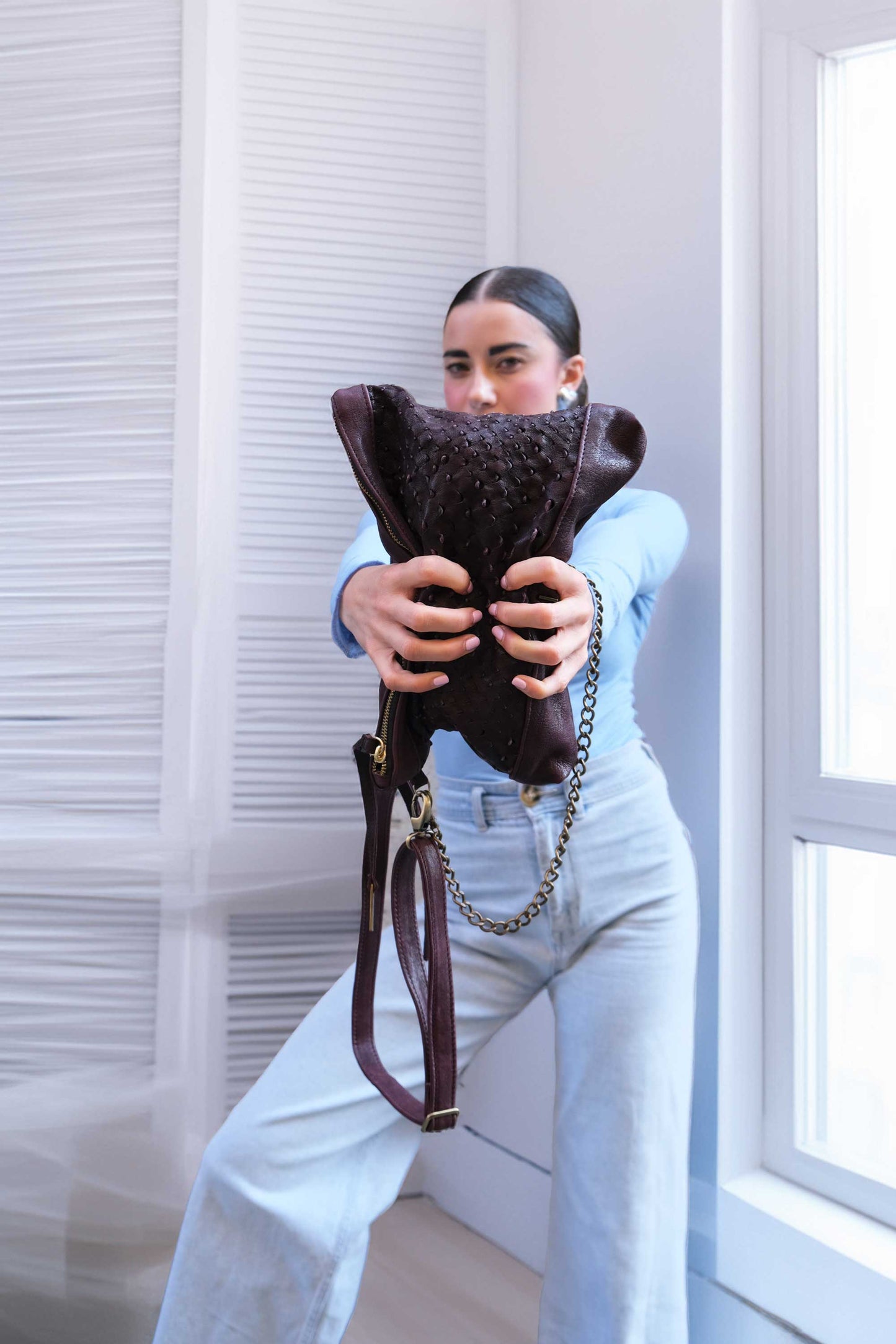 Zoe in plum perforated nappa leather - Made in Italy -