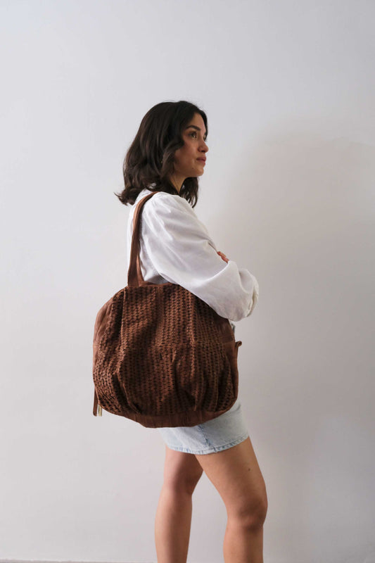 Riri tote bag in chocolate perforated giunco nappa - Made in Italy -
