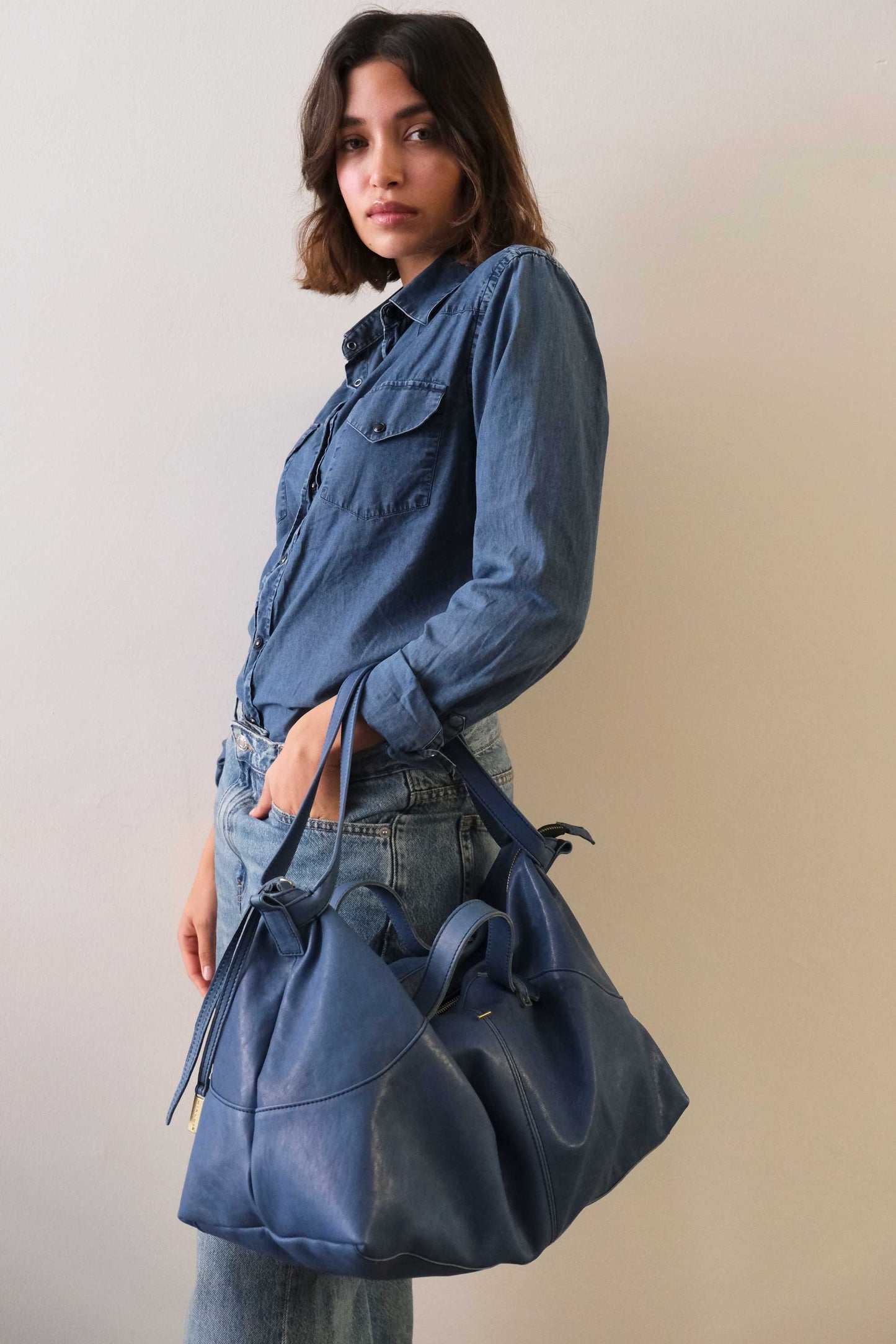 Borsa a tracolla, a mano e a spalla in nappa denim