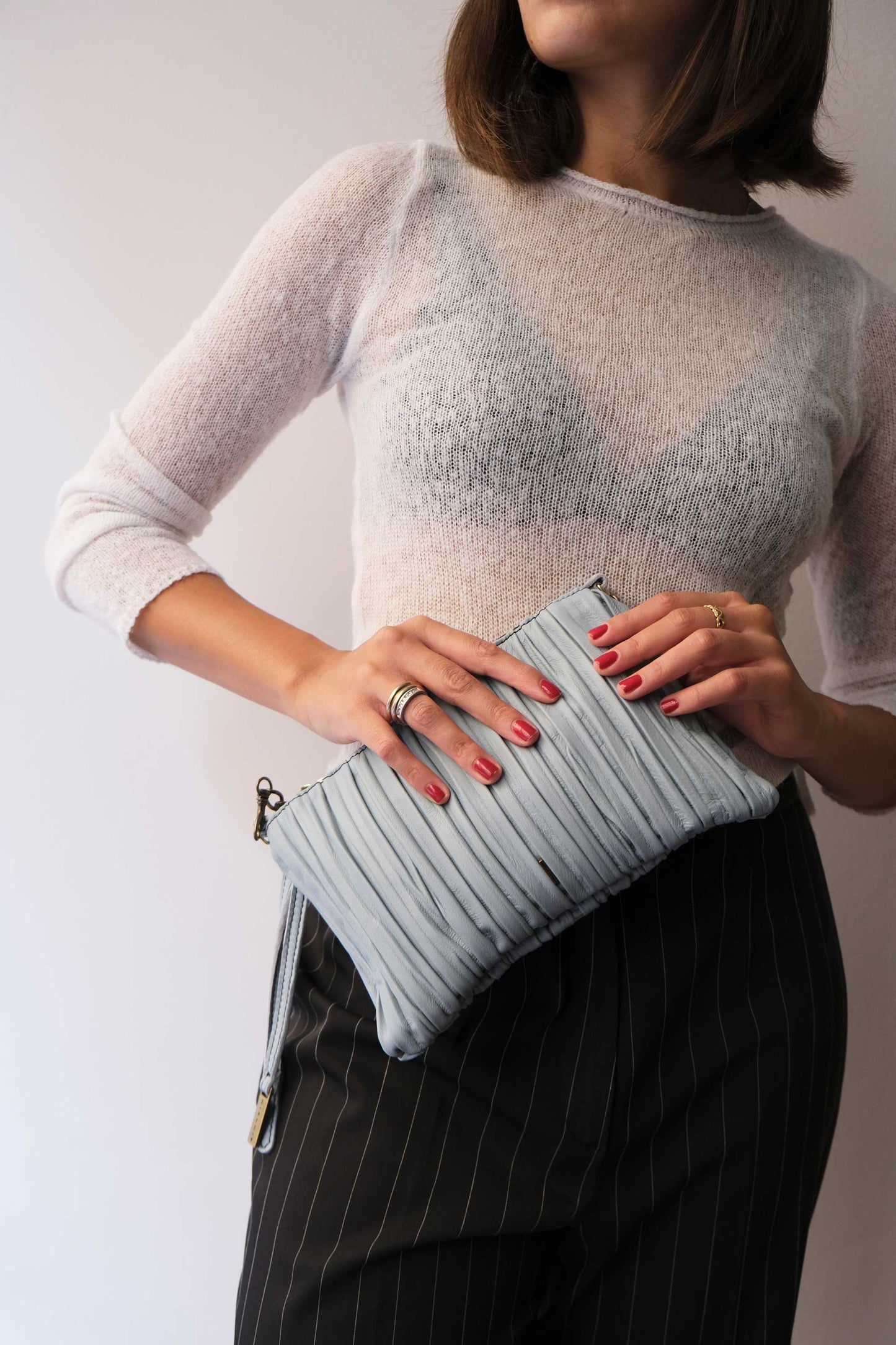 Mikin pochette in sky blue pleated soft leather - Made in Italy -