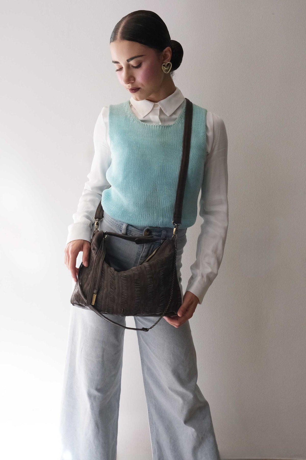 Chicca Media hobo bag in brown fringe nappa - Made in Italy -