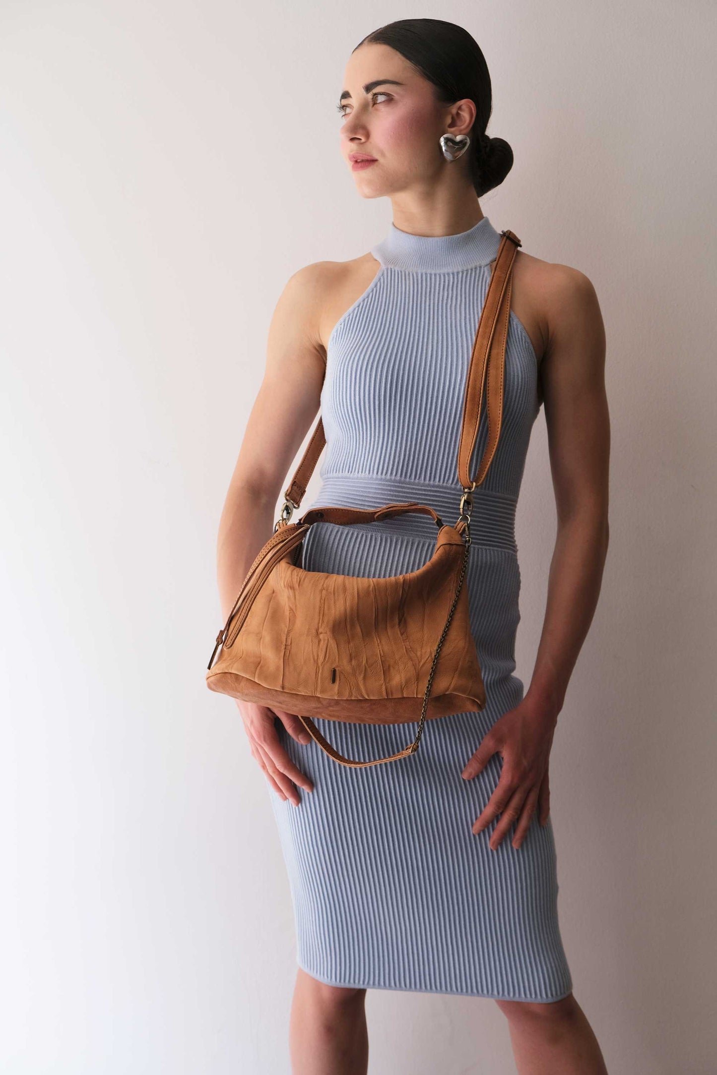 Chicca Media hobo bag in cognac lomé nappa - Made in Italy -
