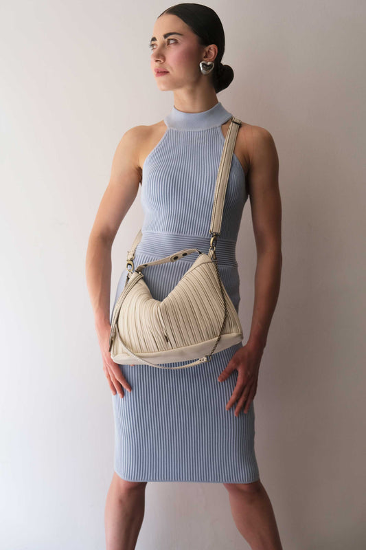 Chicca Media hobo bag in cream pleated leather - Made in Italy -