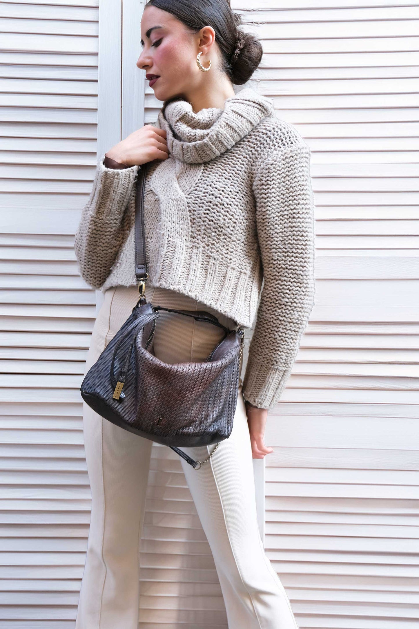 Chicca Media hobo bag in caffe turner calf soft leather - Made in Italy-