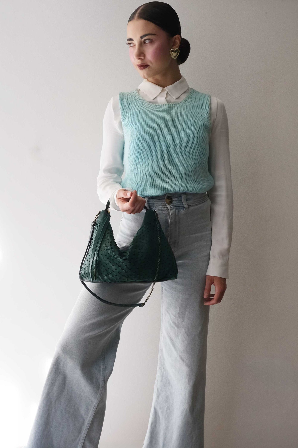 Chicca Media hobo bag in teal perforated nappa - Made in Italy -