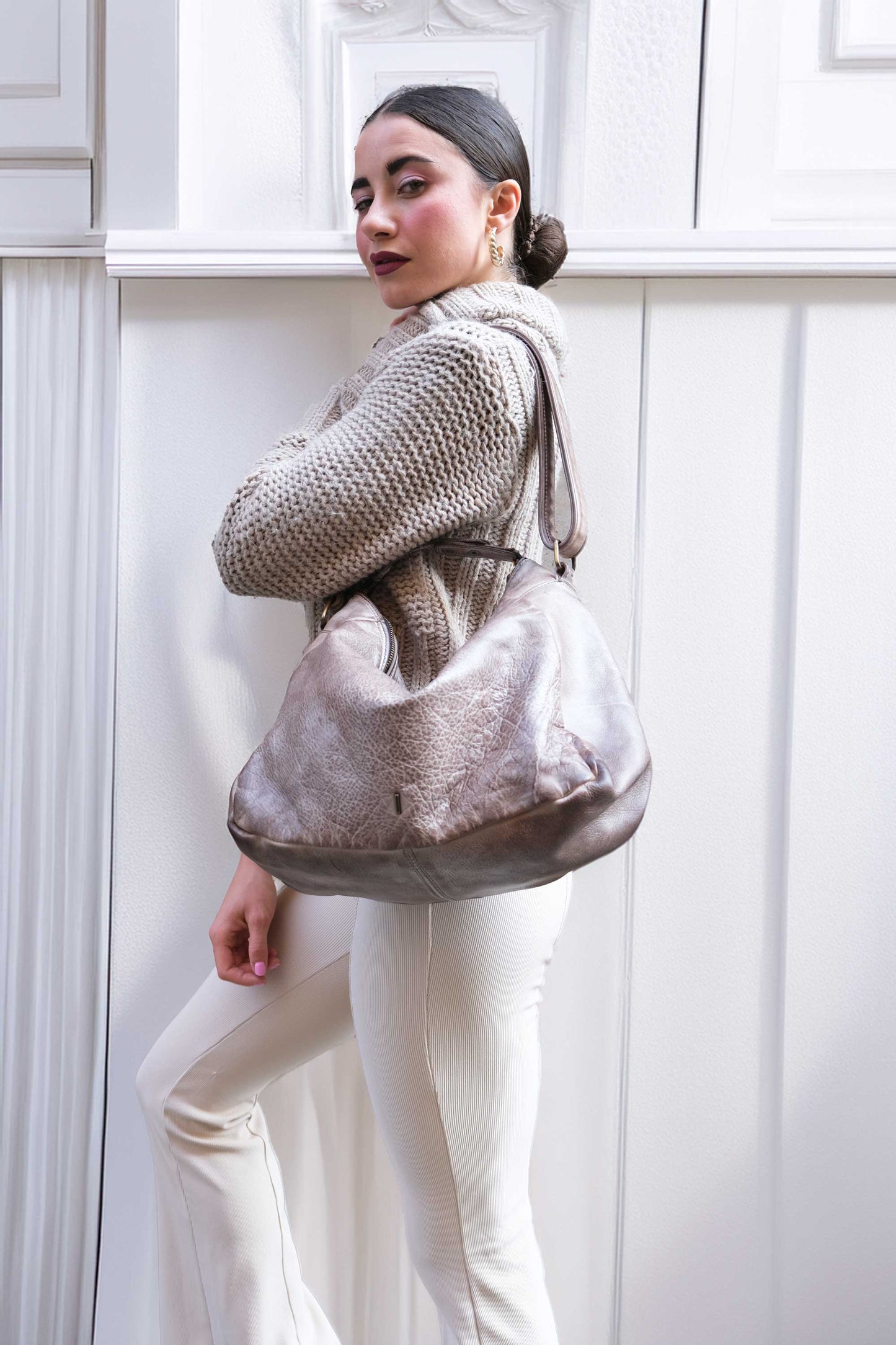 Chicca hobo bag in taupe turner calf soft leather - Made in Italy -