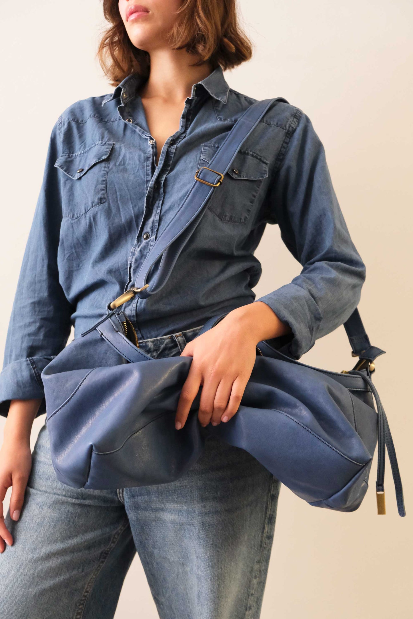 Borsa a tracolla, a mano e a spalla in nappa denim