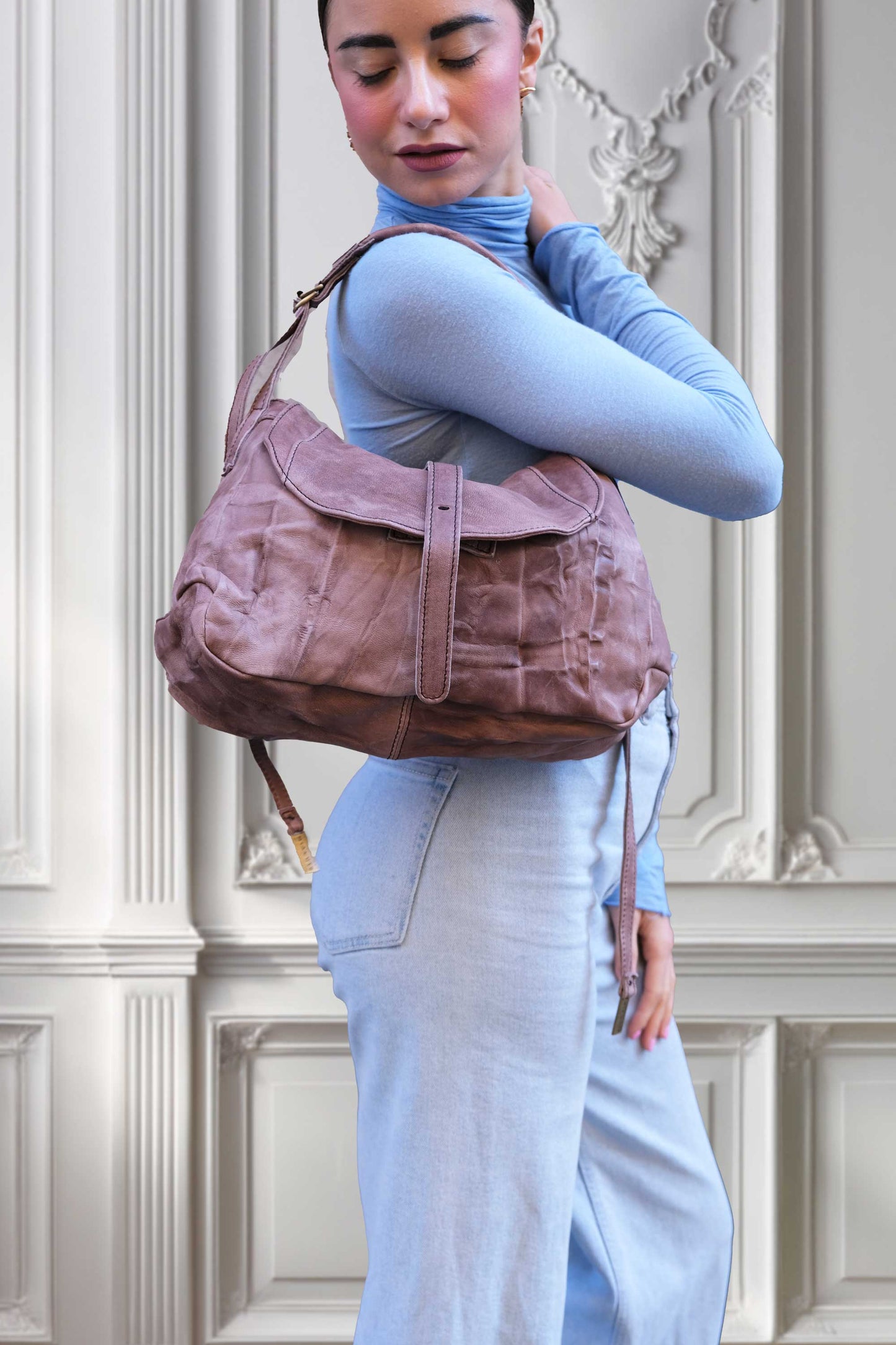 Do saddle bag taupe in soft nappa lomé - Made in Italy -