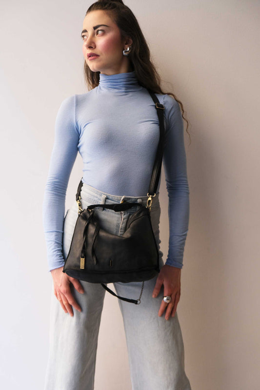 Rechi media hobo bag black garment-dyed leather - Made in Italy -