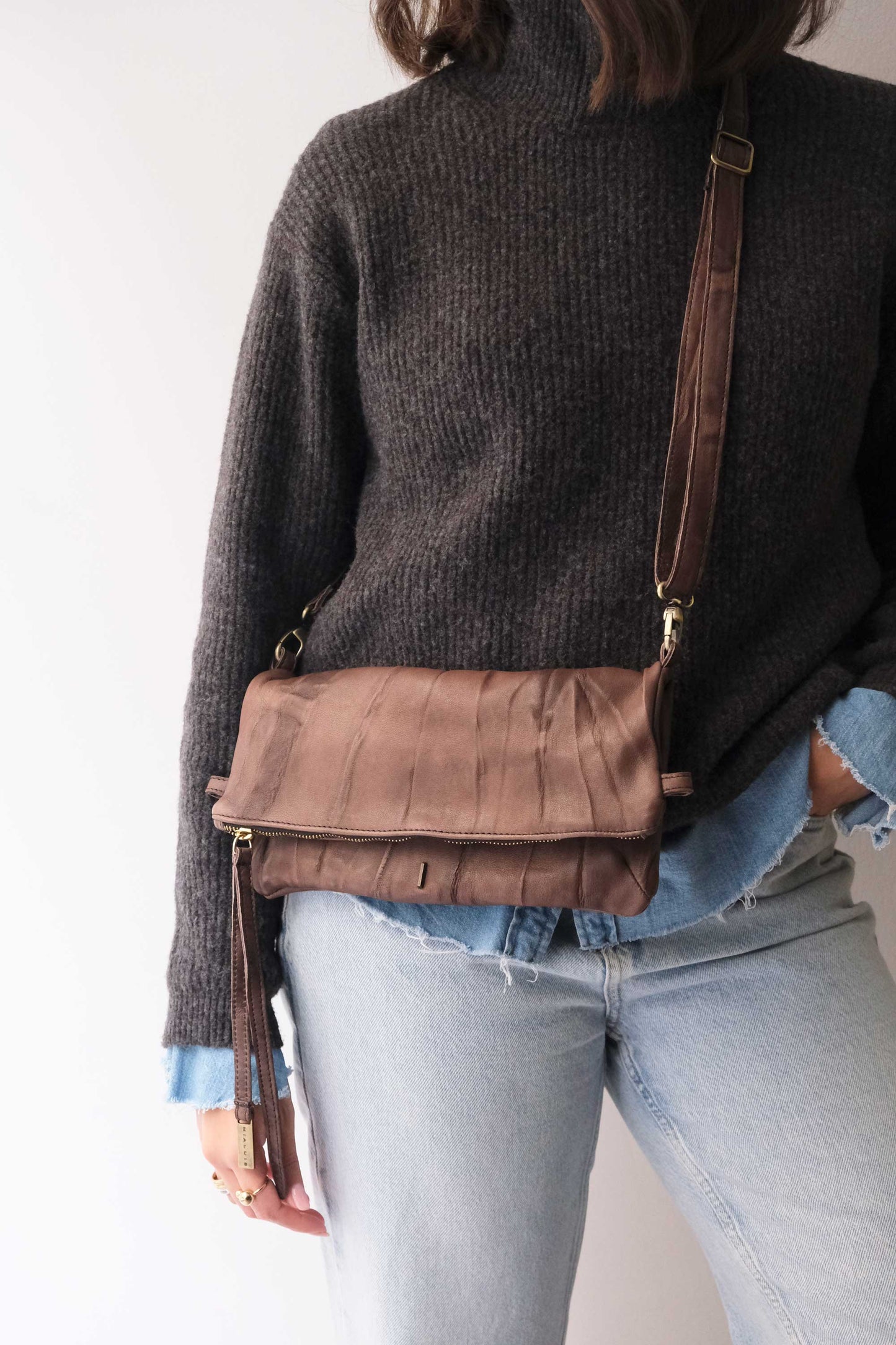 Stella modular pochette in brown nappa washed soft leather leather - Made in Italy -