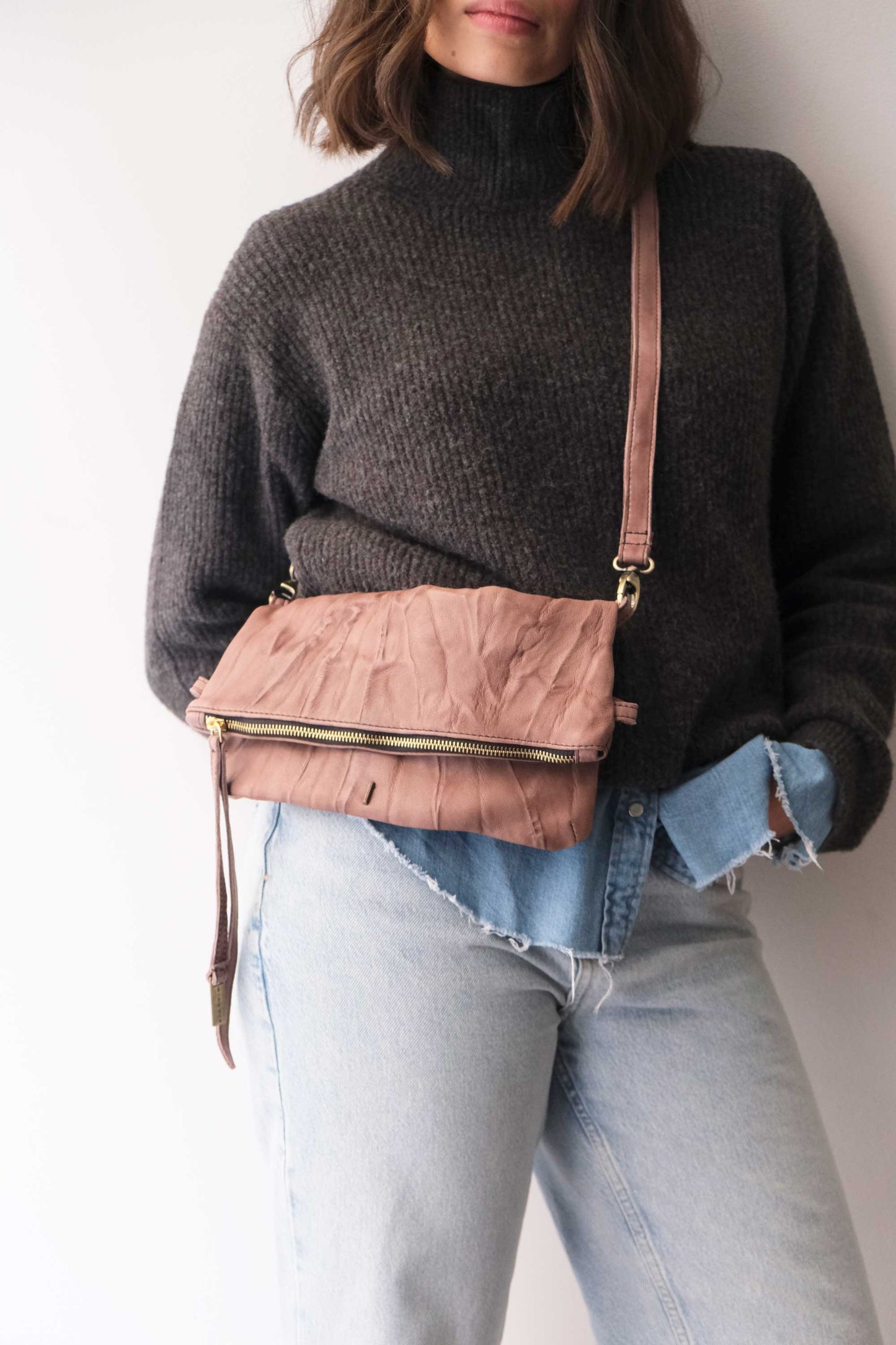 Stella modular pochette in taupe nappa washed soft leather leather - Made in Italy -