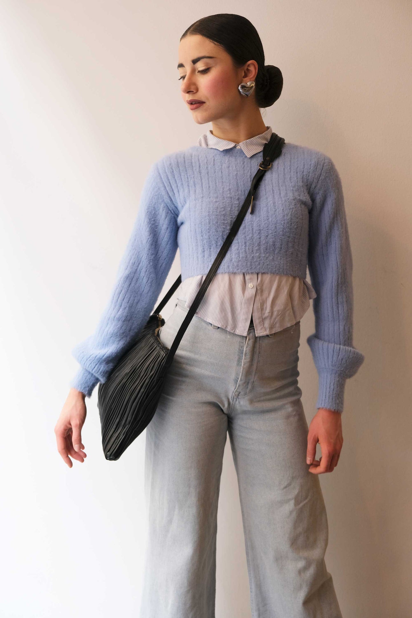 Valentina small hobo bag in black pleated leather - Made in Italy -