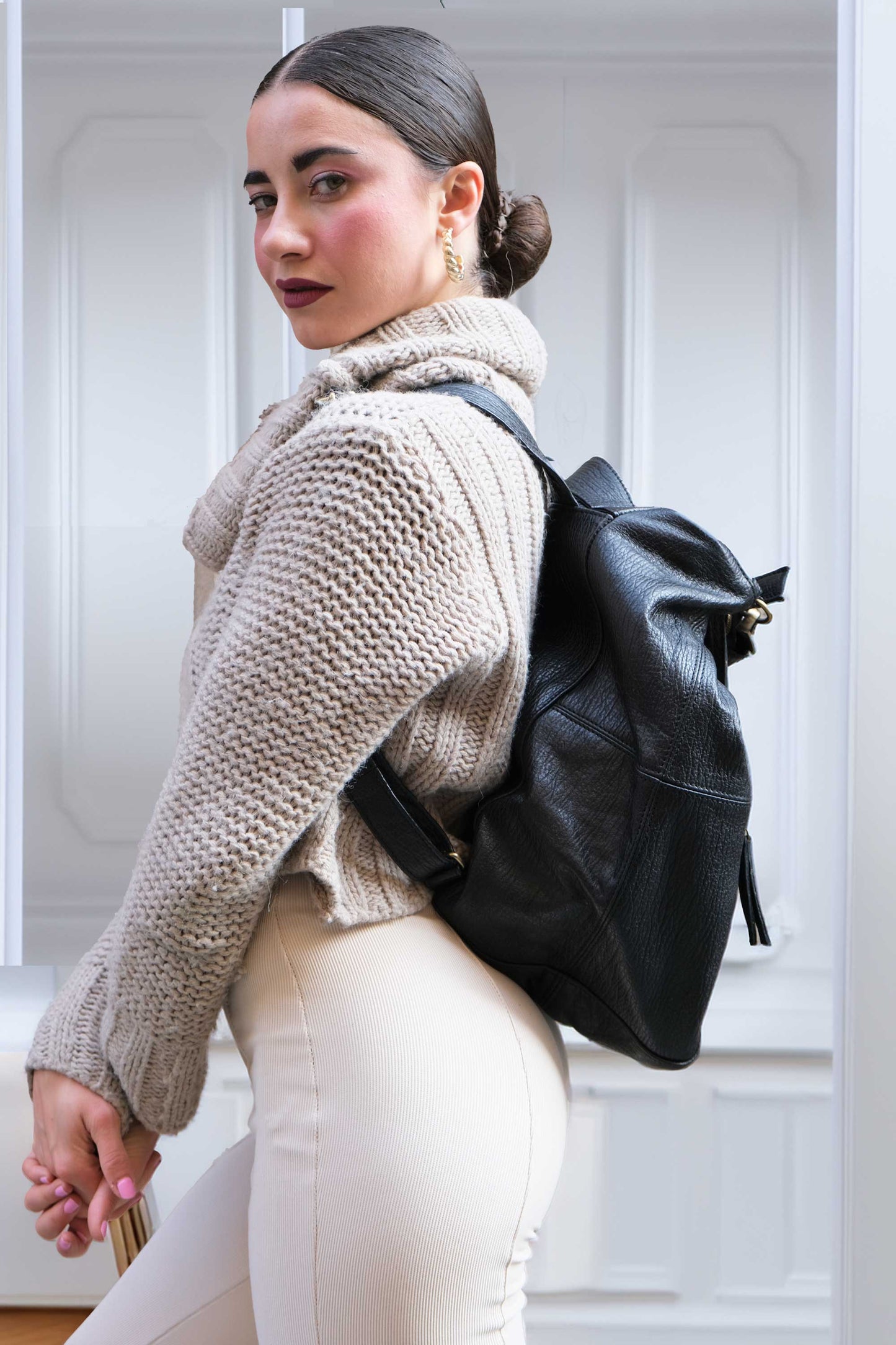 Vicky backpack in black shark-print vegetable-tanned nappa leather – Made in Italy -