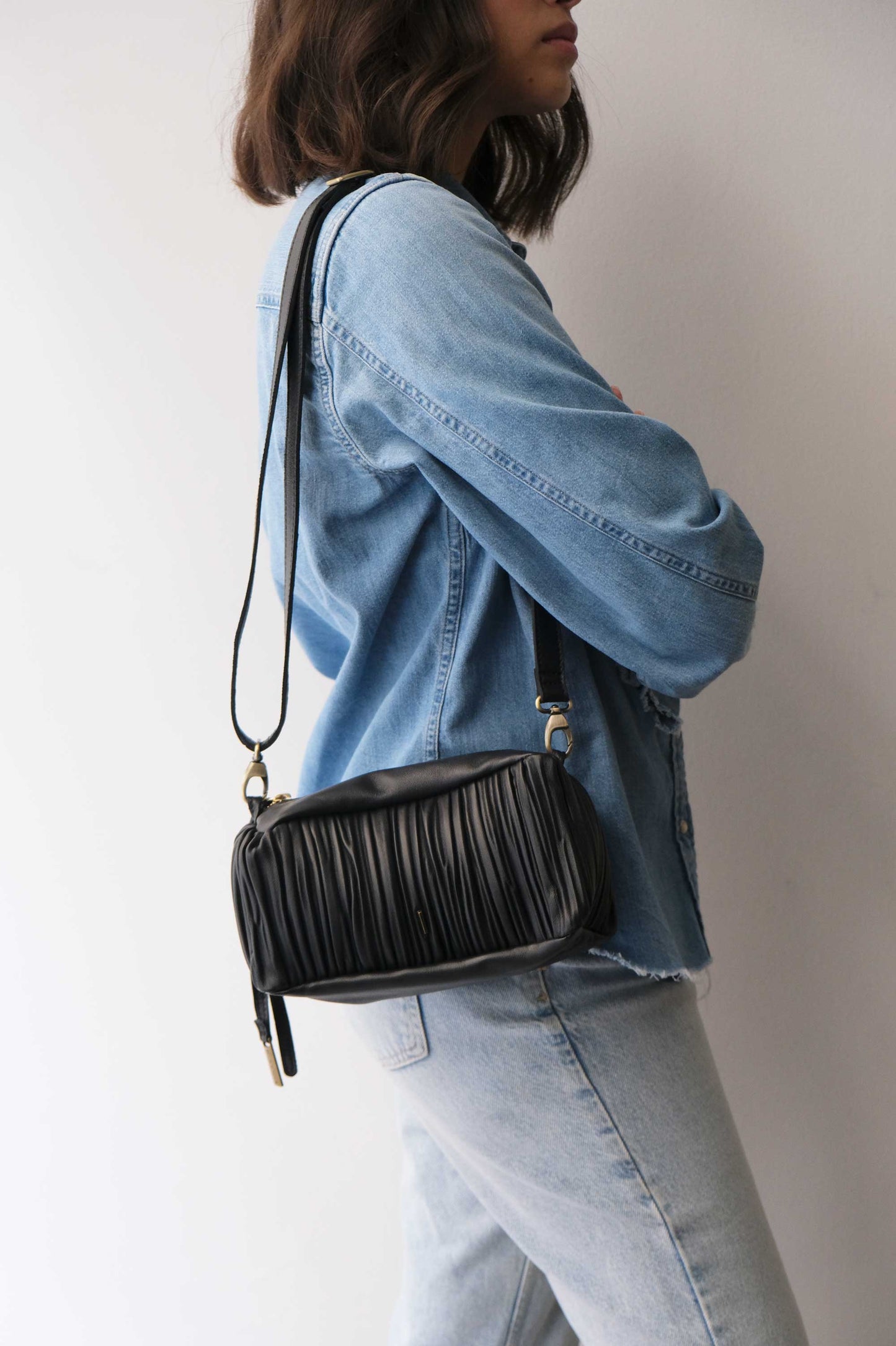 Bobo mini in black pleated leather nappa - Made in Italy -