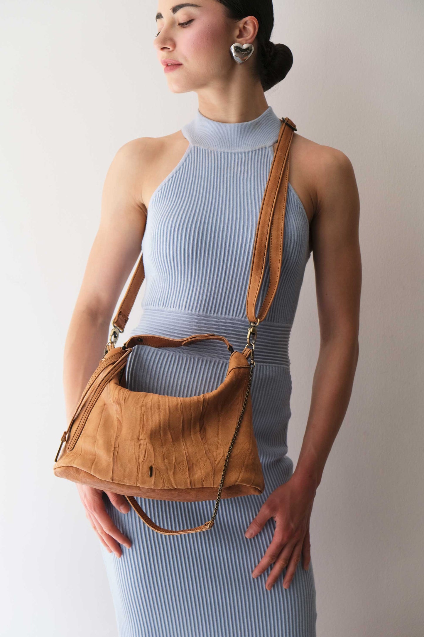 Chicca Media hobo bag in cognac lomé nappa - Made in Italy -