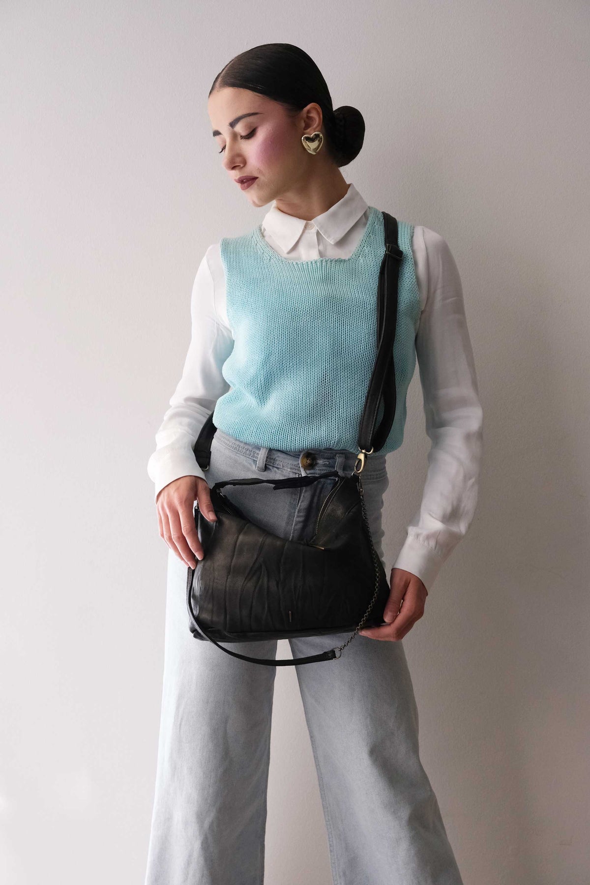 Chicca Media hobo bag in black lomé nappa - Made in Italy -