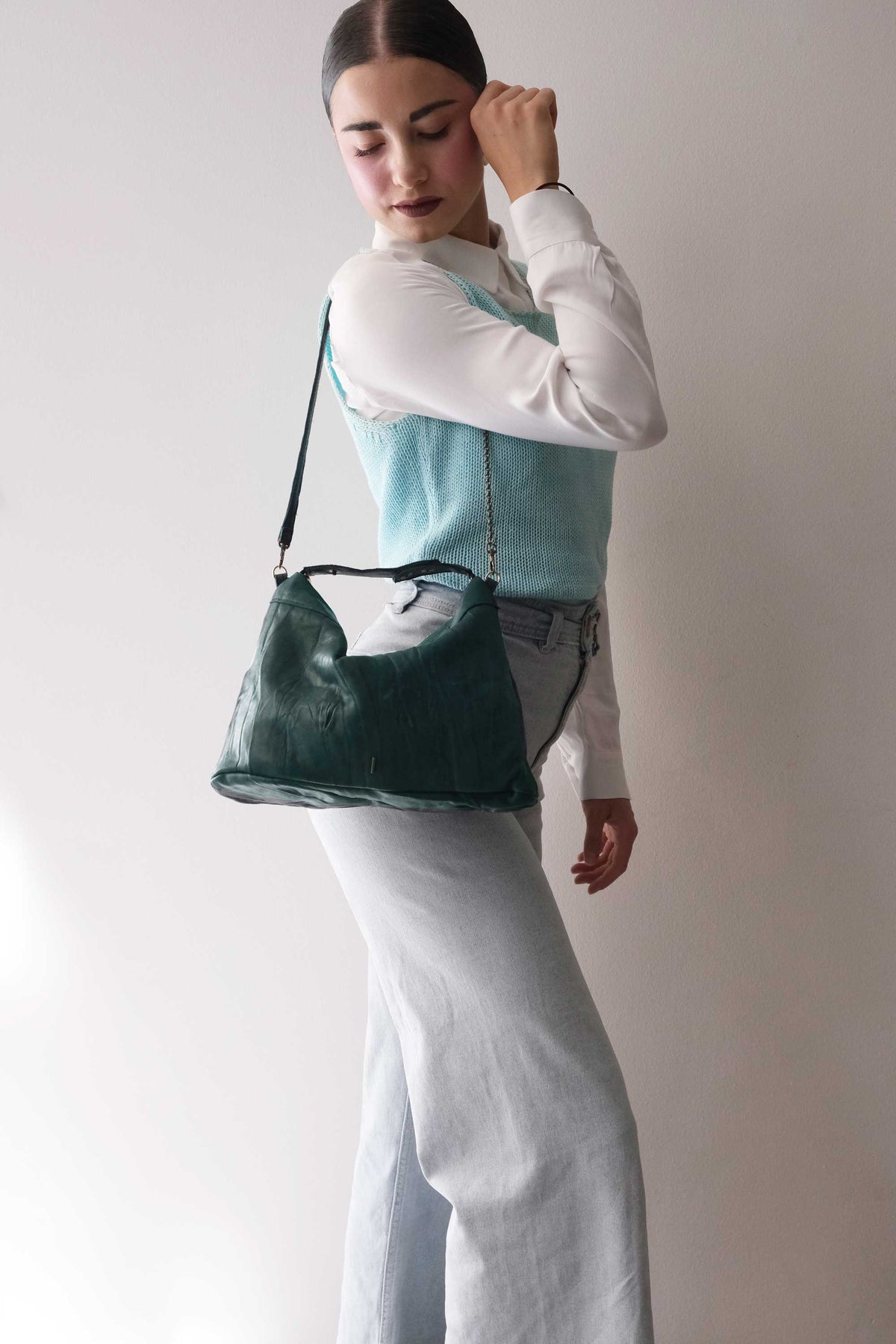 Chicca Media hobo bag in teal lomé nappa - Made in Italy -