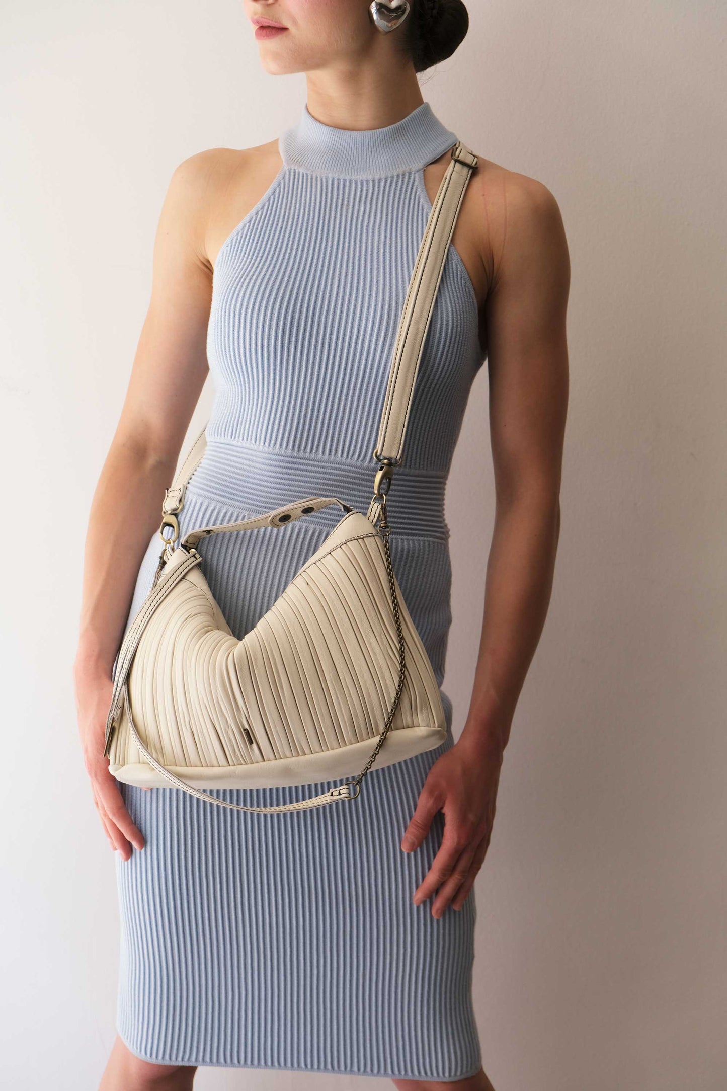 Chicca Media hobo bag in cream pleated leather - Made in Italy -