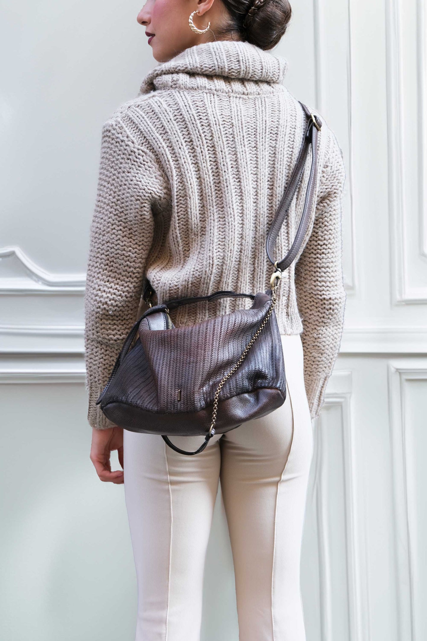 Chicca Media hobo bag in caffe turner calf soft leather - Made in Italy-