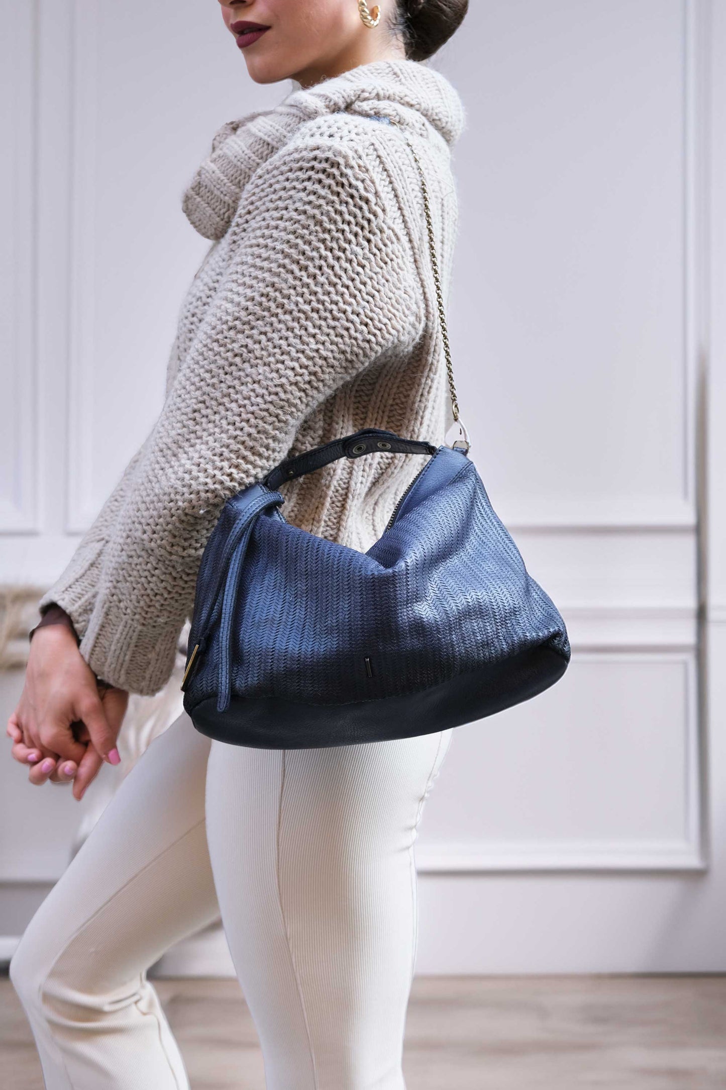 Chicca Media hobo bag in cobalt turner calf soft leather - Made in Italy-