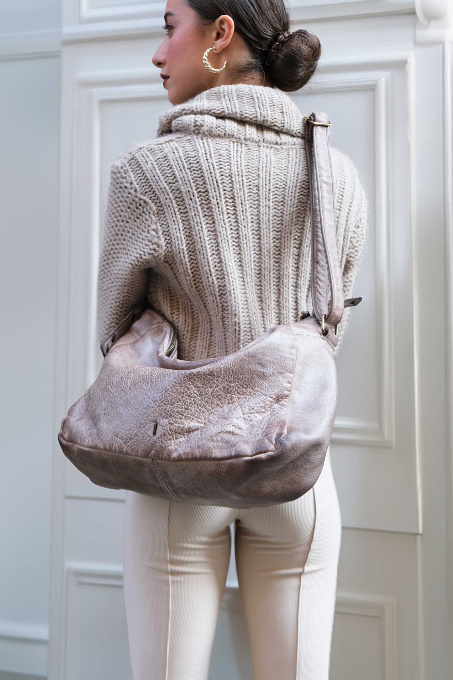 Chicca hobo bag in taupe turner calf soft leather - Made in Italy -