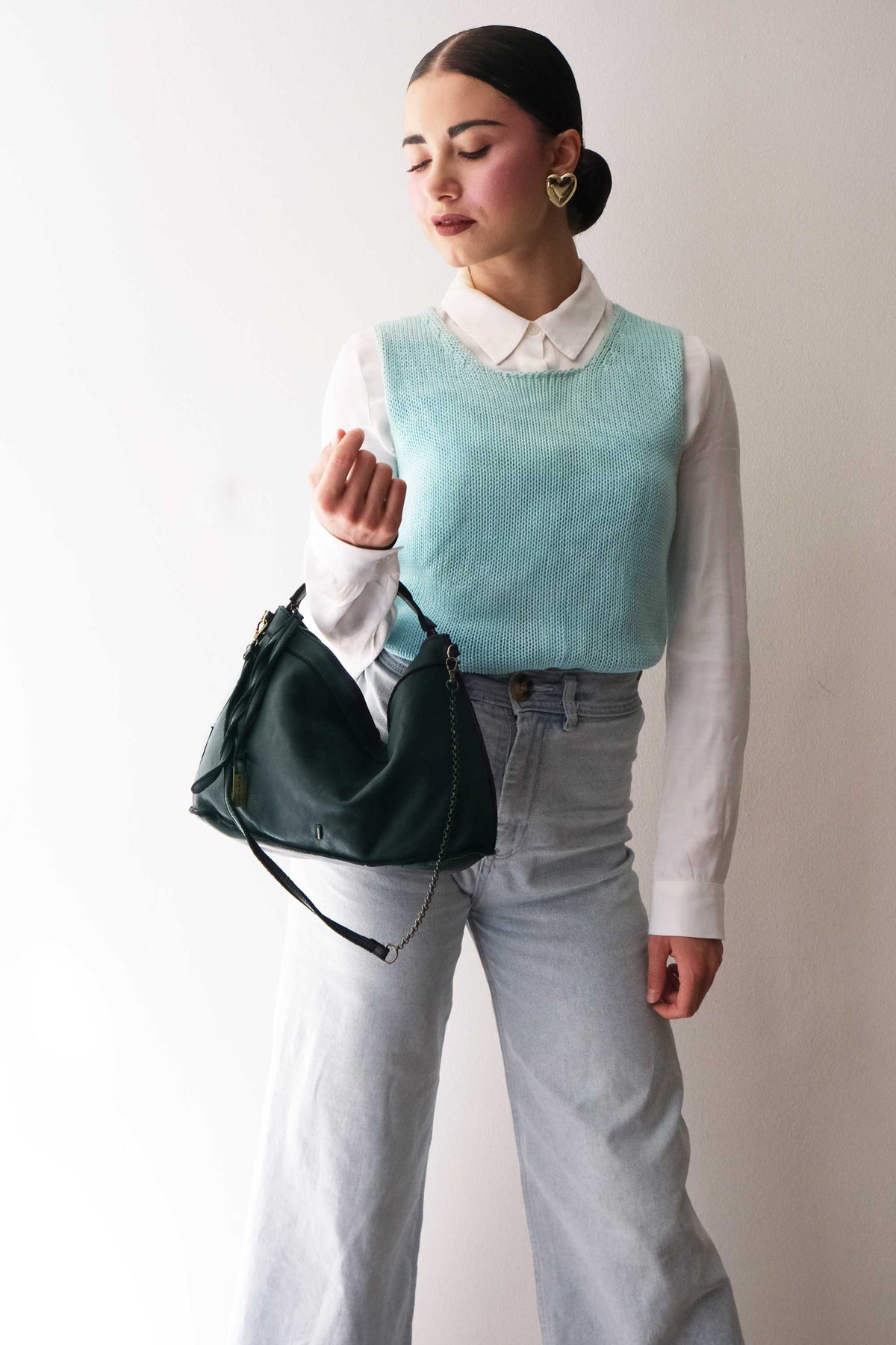 Rechi media hobo bag teal garment-dyed leather - Made in Italy -