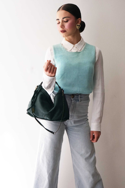Rechi media hobo bag teal garment-dyed leather - Made in Italy -