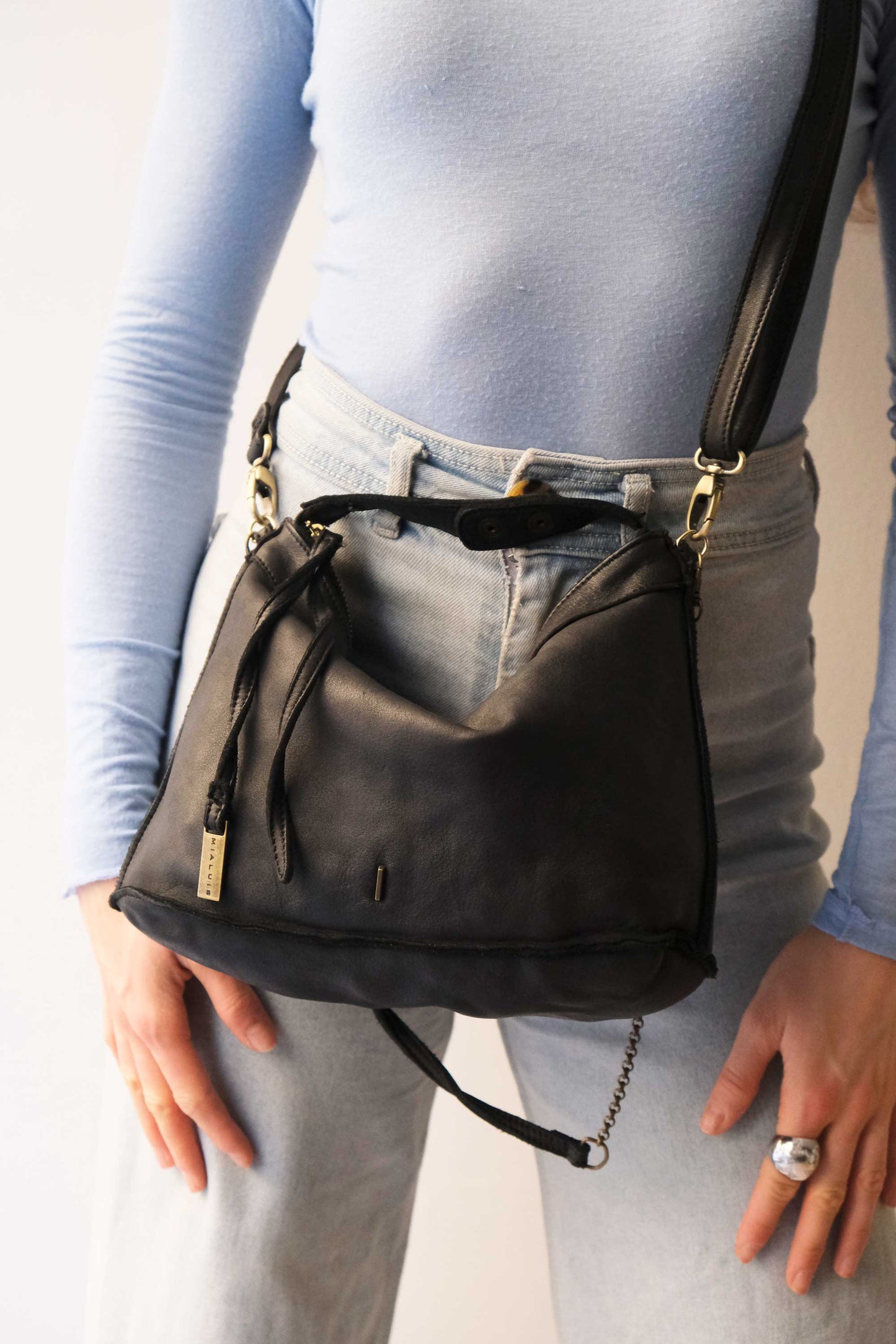 Rechi media hobo bag black garment-dyed leather - Made in Italy -