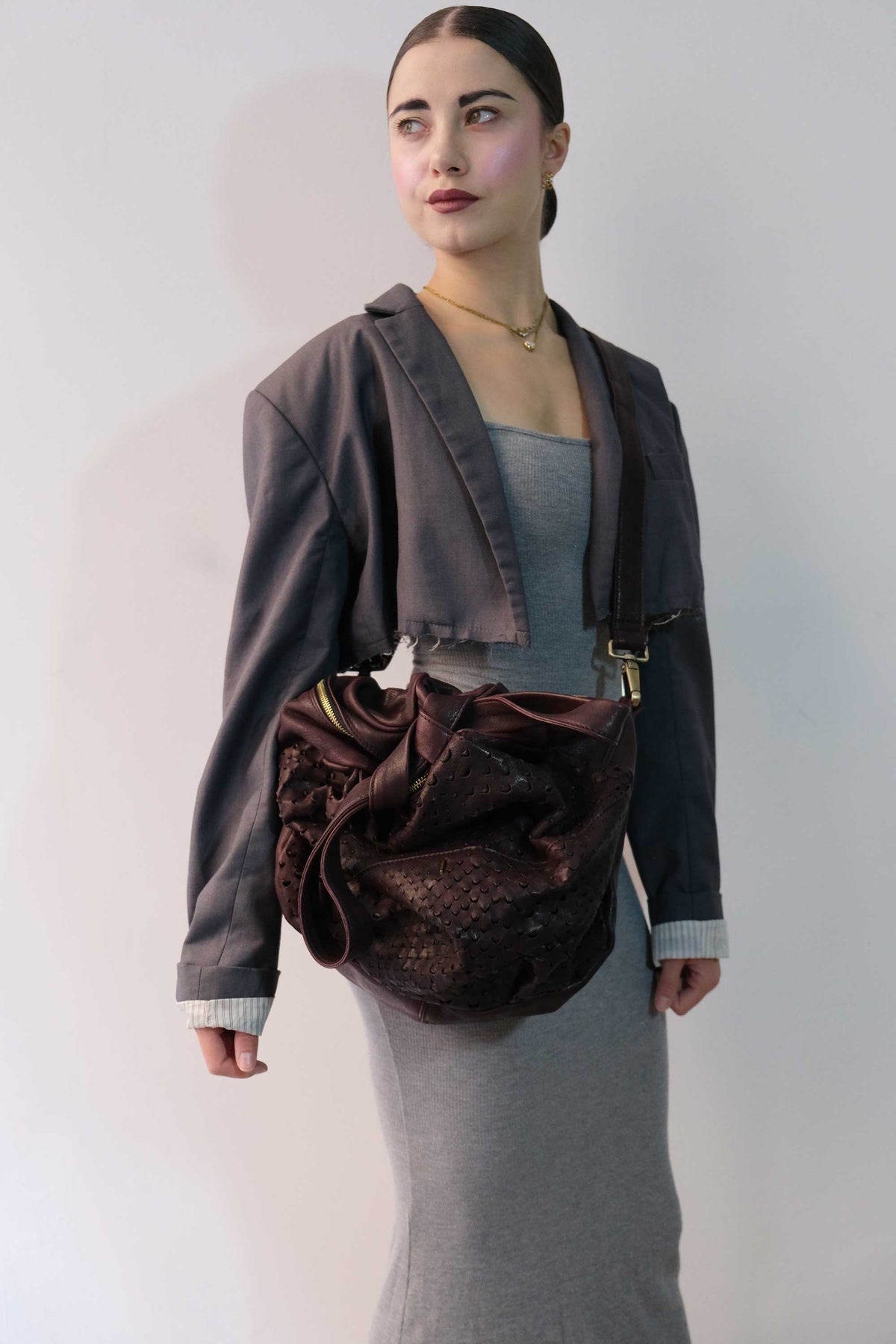 Riri borsa tote in nappa traforata prugna- Made in Italy -