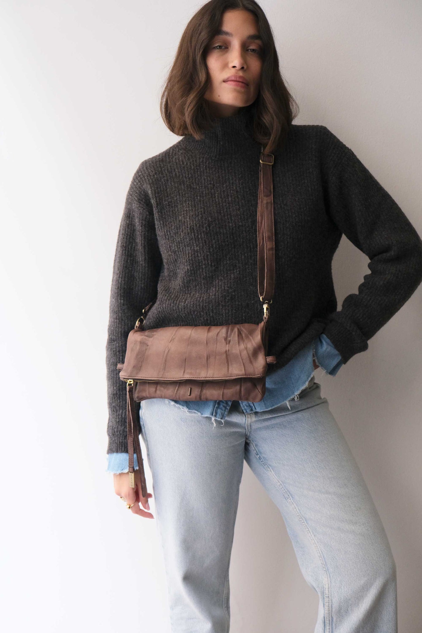 Stella modular pochette in brown nappa washed soft leather leather - Made in Italy -