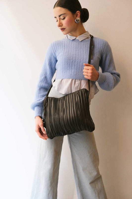 Valentina small hobo bag in brown pleated leather - Made in Italy -