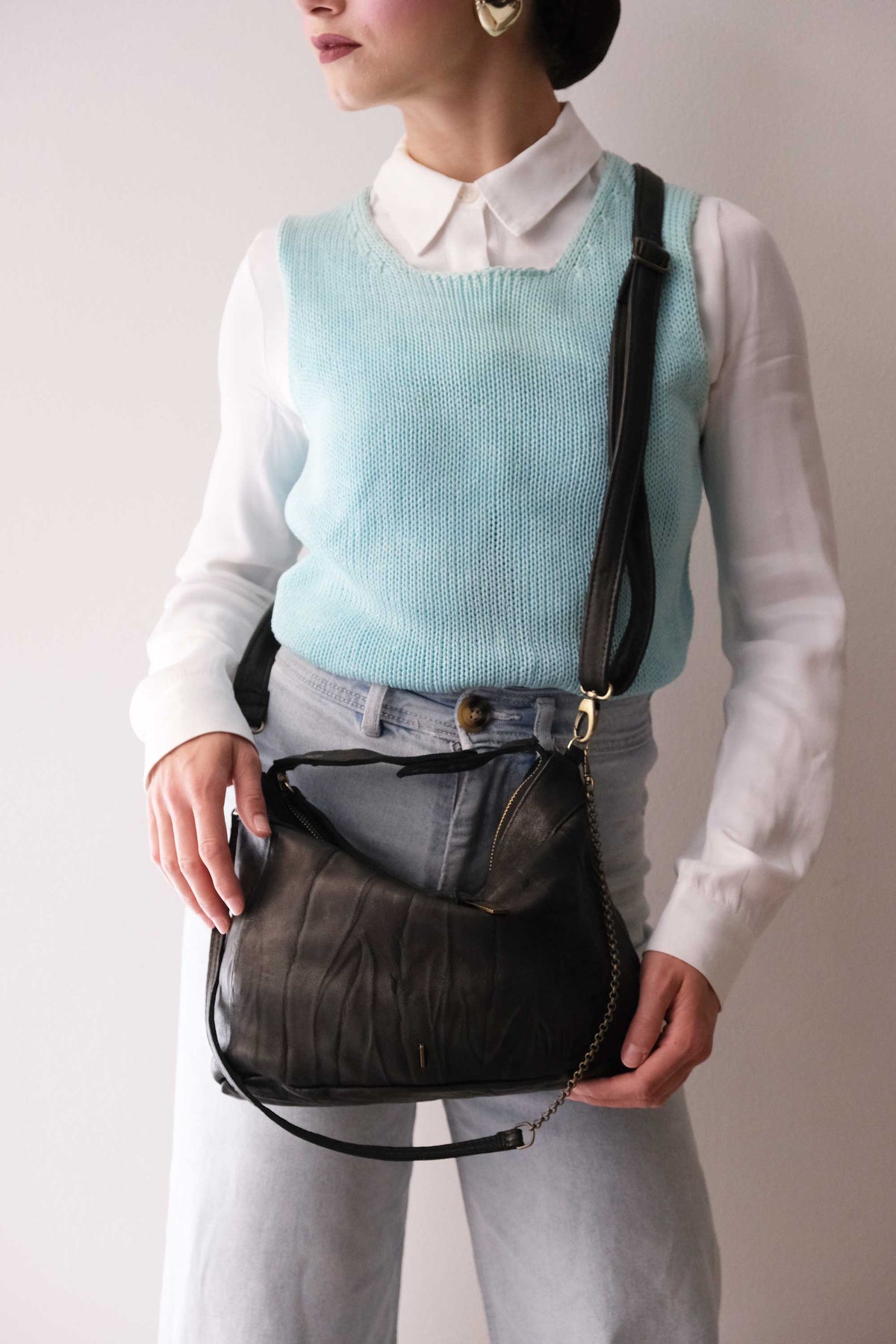Chicca Media hobo bag in black lomé nappa - Made in Italy -