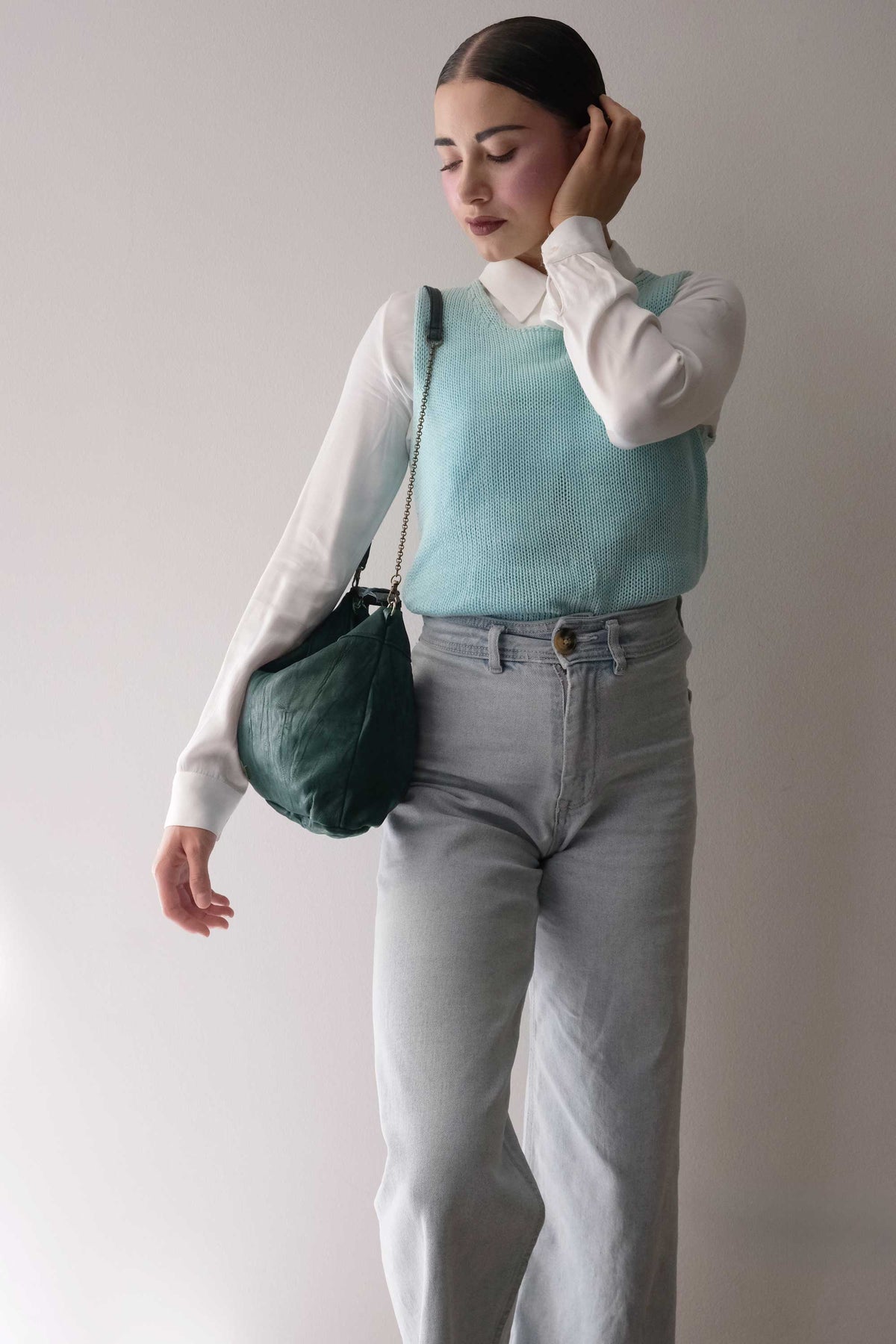 Chicca Media hobo bag in teal lomé nappa - Made in Italy -