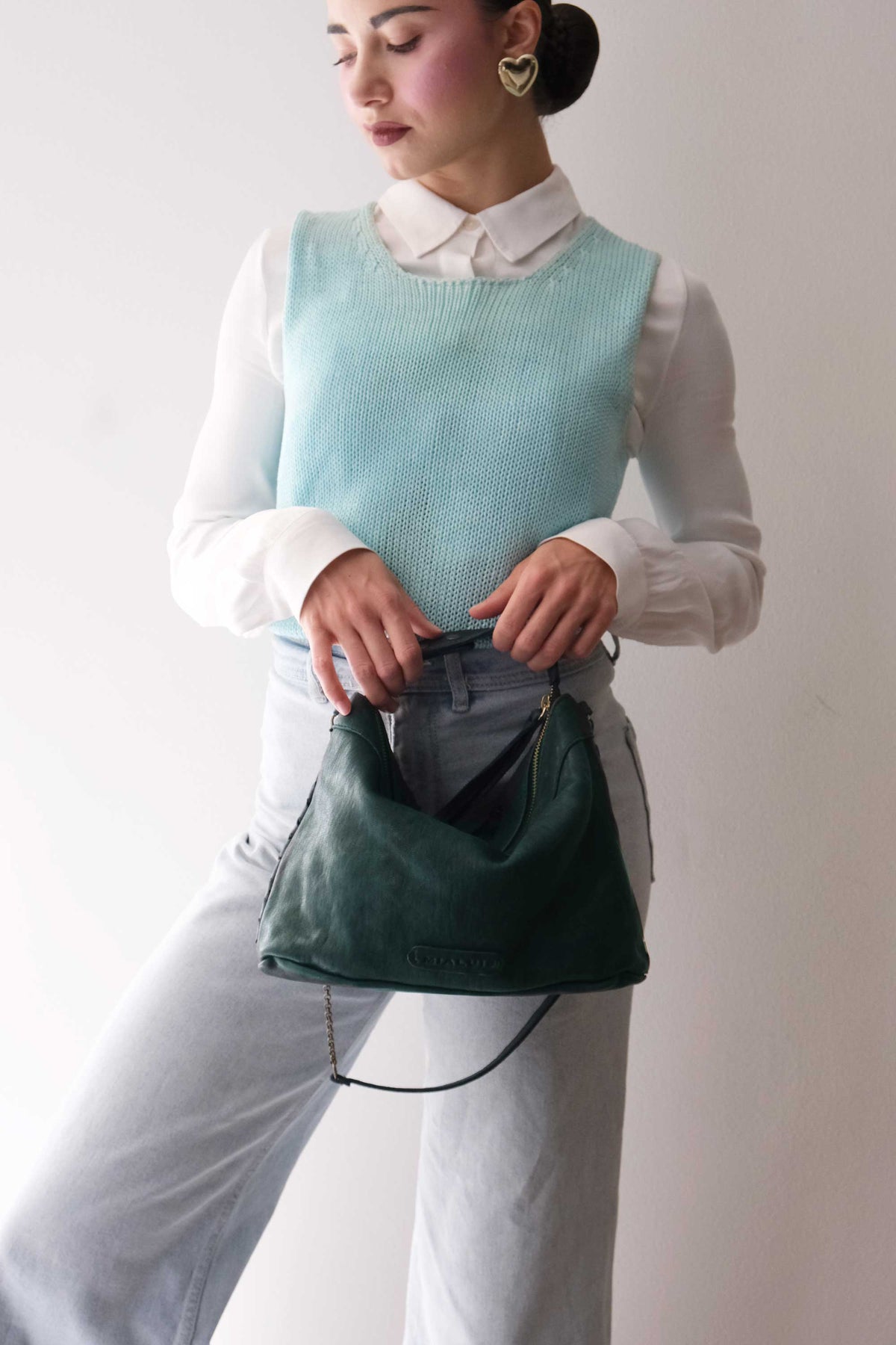 Chicca Media hobo bag in teal perforated nappa - Made in Italy -