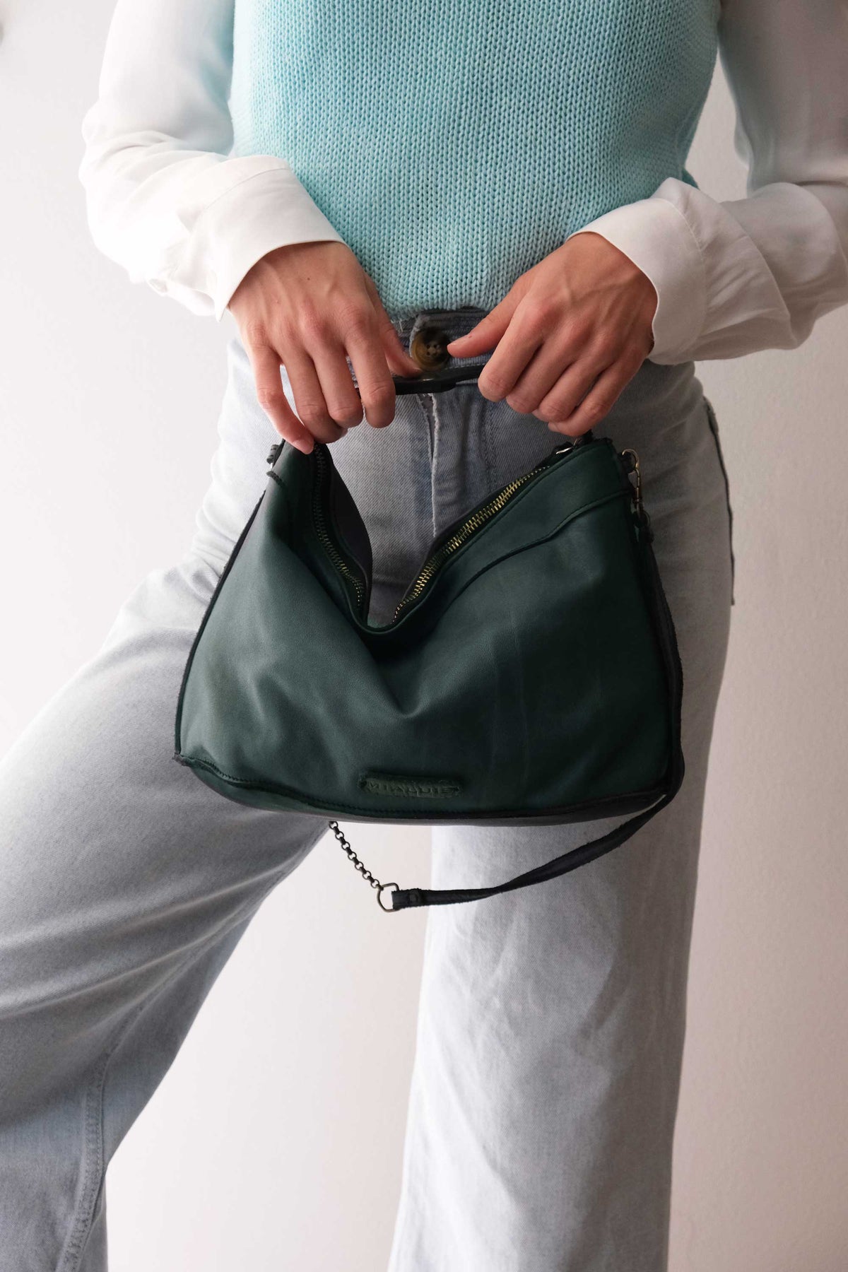 Rechi media hobo bag teal garment-dyed leather - Made in Italy -
