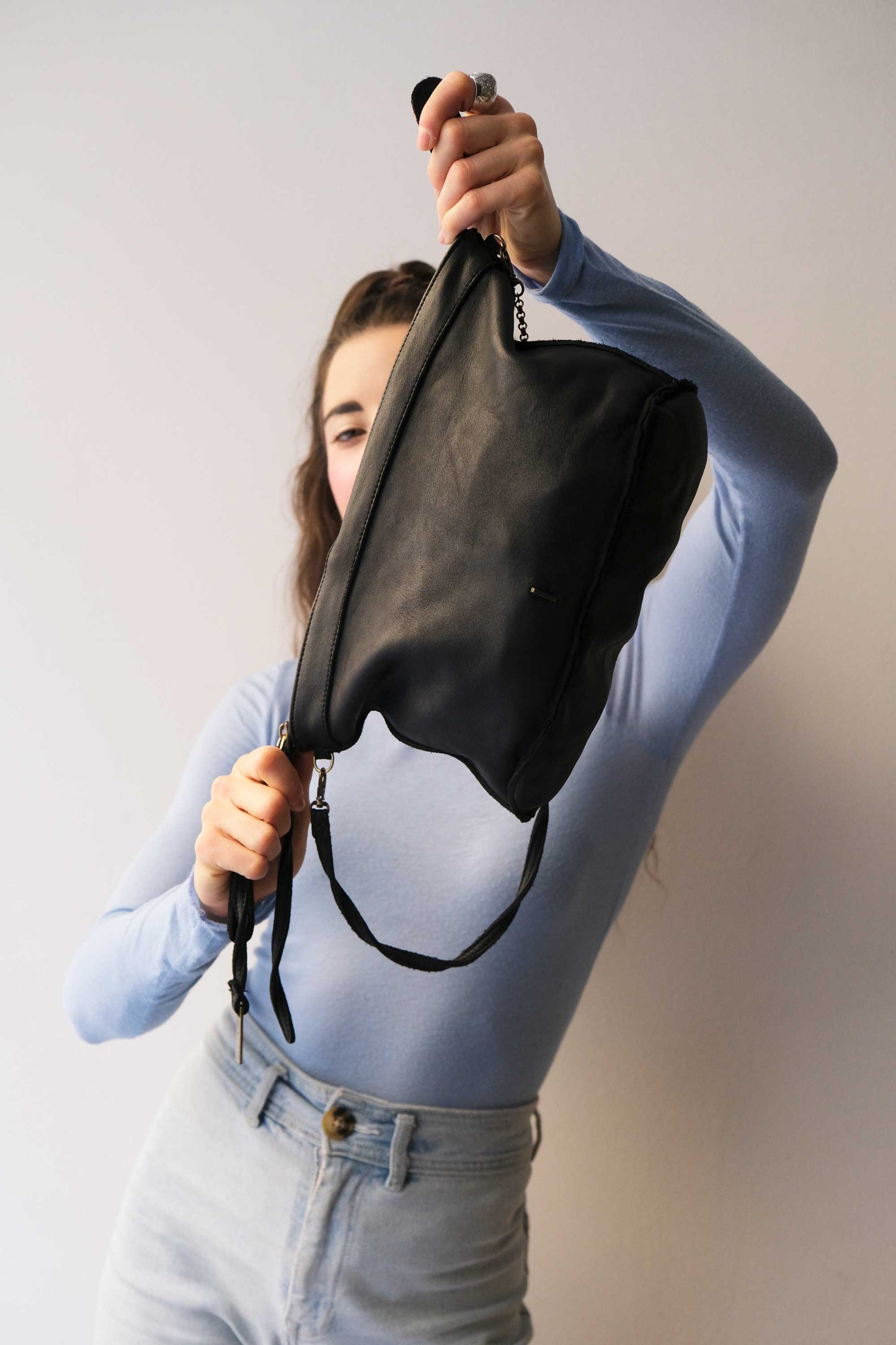 Rechi media hobo bag black garment-dyed leather - Made in Italy -