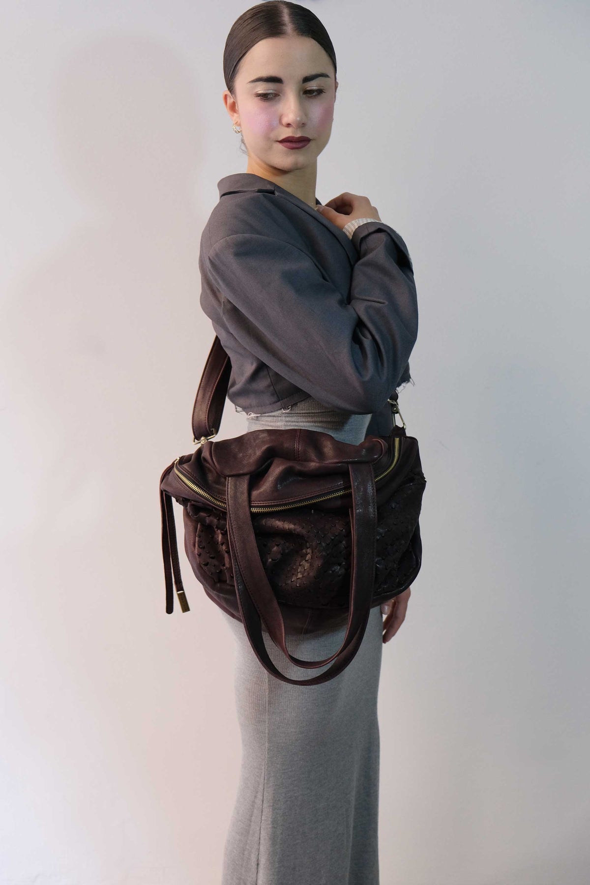 Riri borsa tote in nappa traforata prugna- Made in Italy -