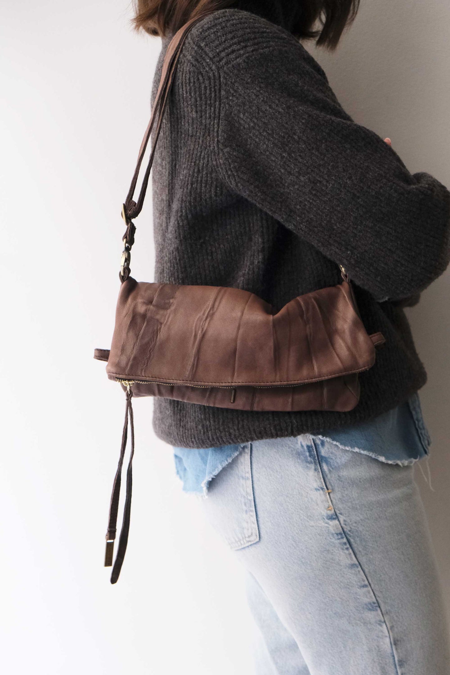 Stella modular pochette in brown nappa washed soft leather leather - Made in Italy -