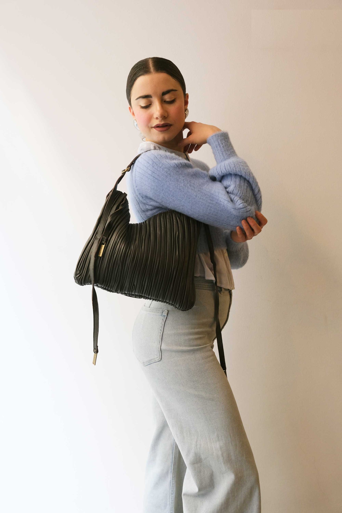 Valentina small hobo bag in brown pleated leather - Made in Italy -