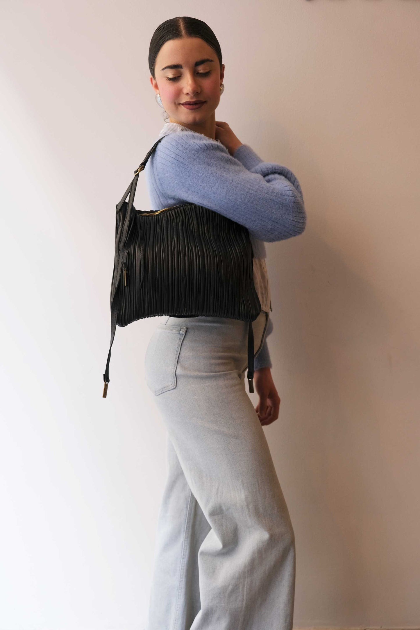 Valentina small hobo bag in black pleated leather - Made in Italy -