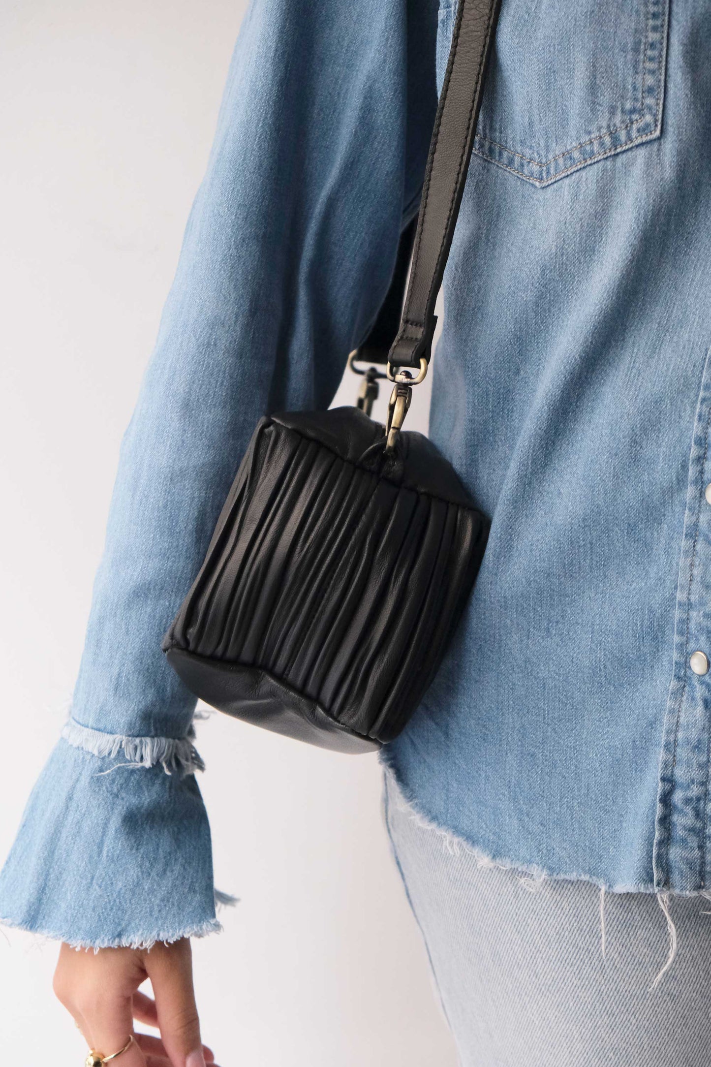 Bobo mini in black pleated leather nappa - Made in Italy -