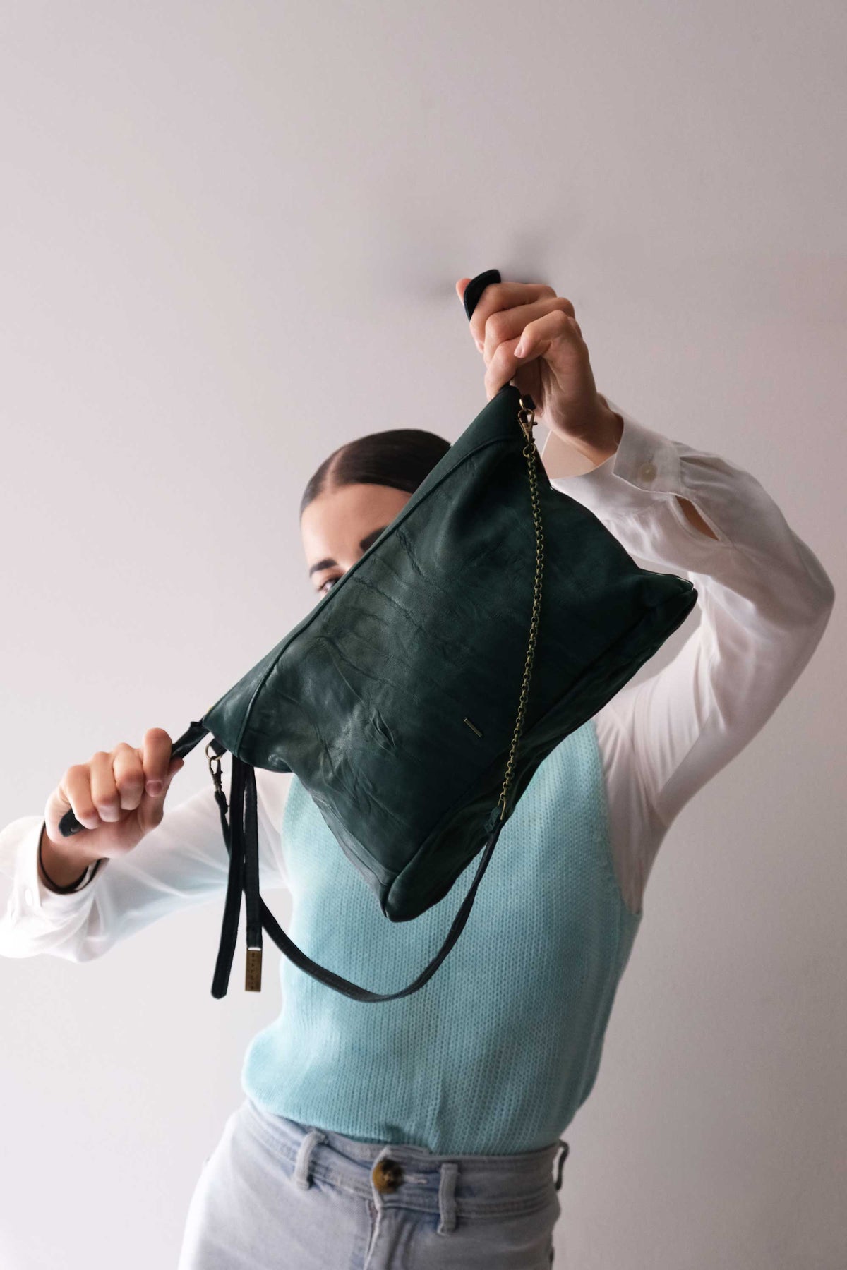 Chicca Media hobo bag in teal lomé nappa - Made in Italy -