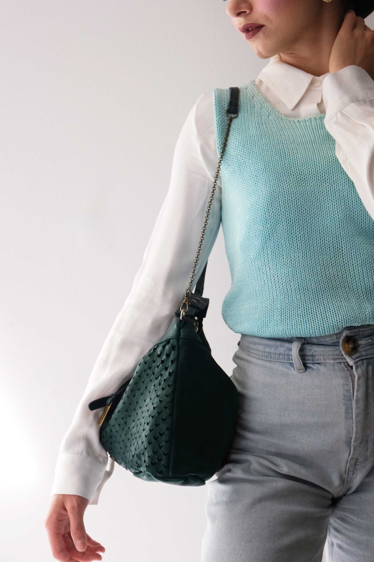 Chicca Media hobo bag in teal perforated nappa - Made in Italy -