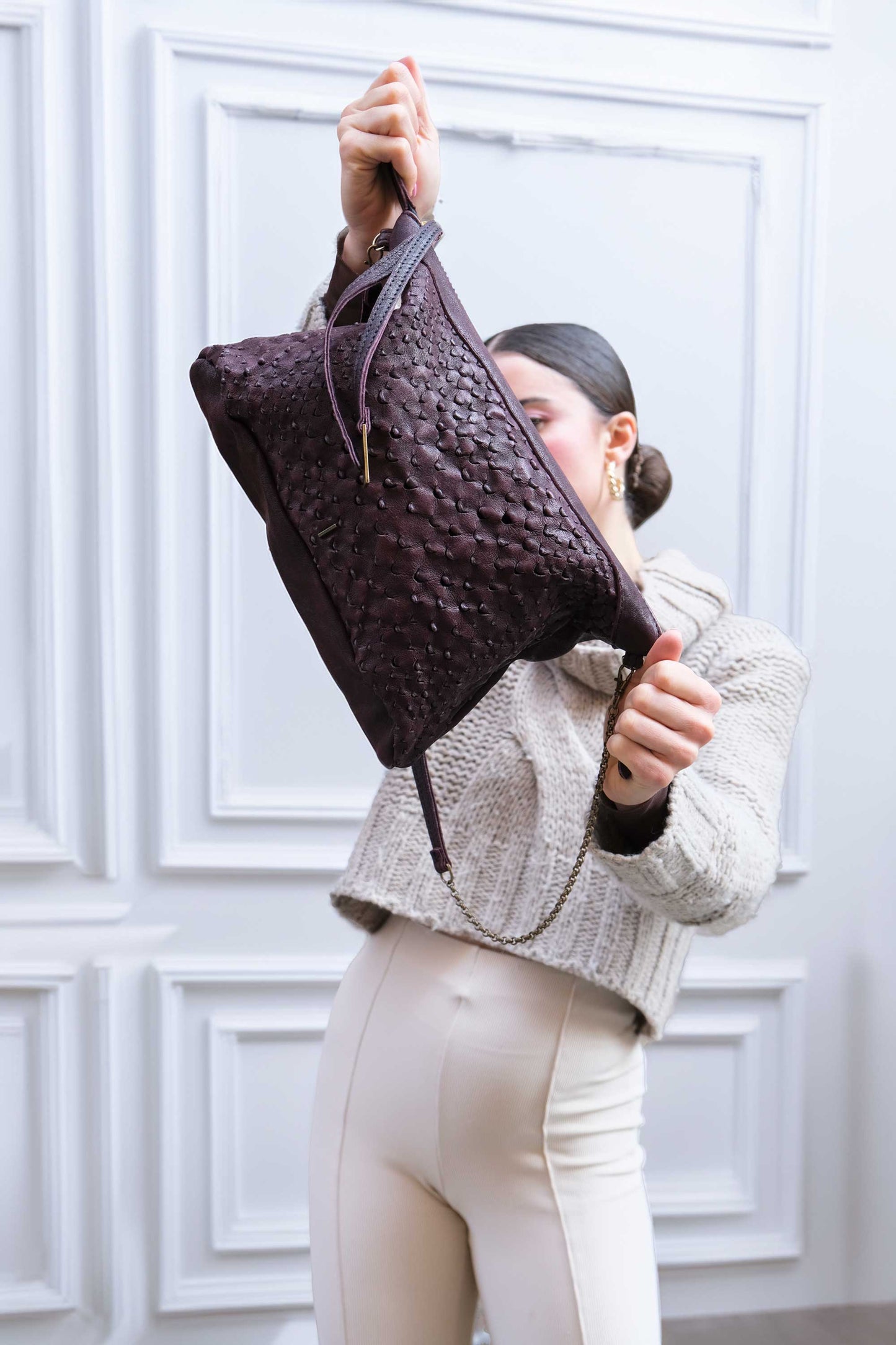 Chicca Media hobo bag in plum perforated nappa - Made in Italy-