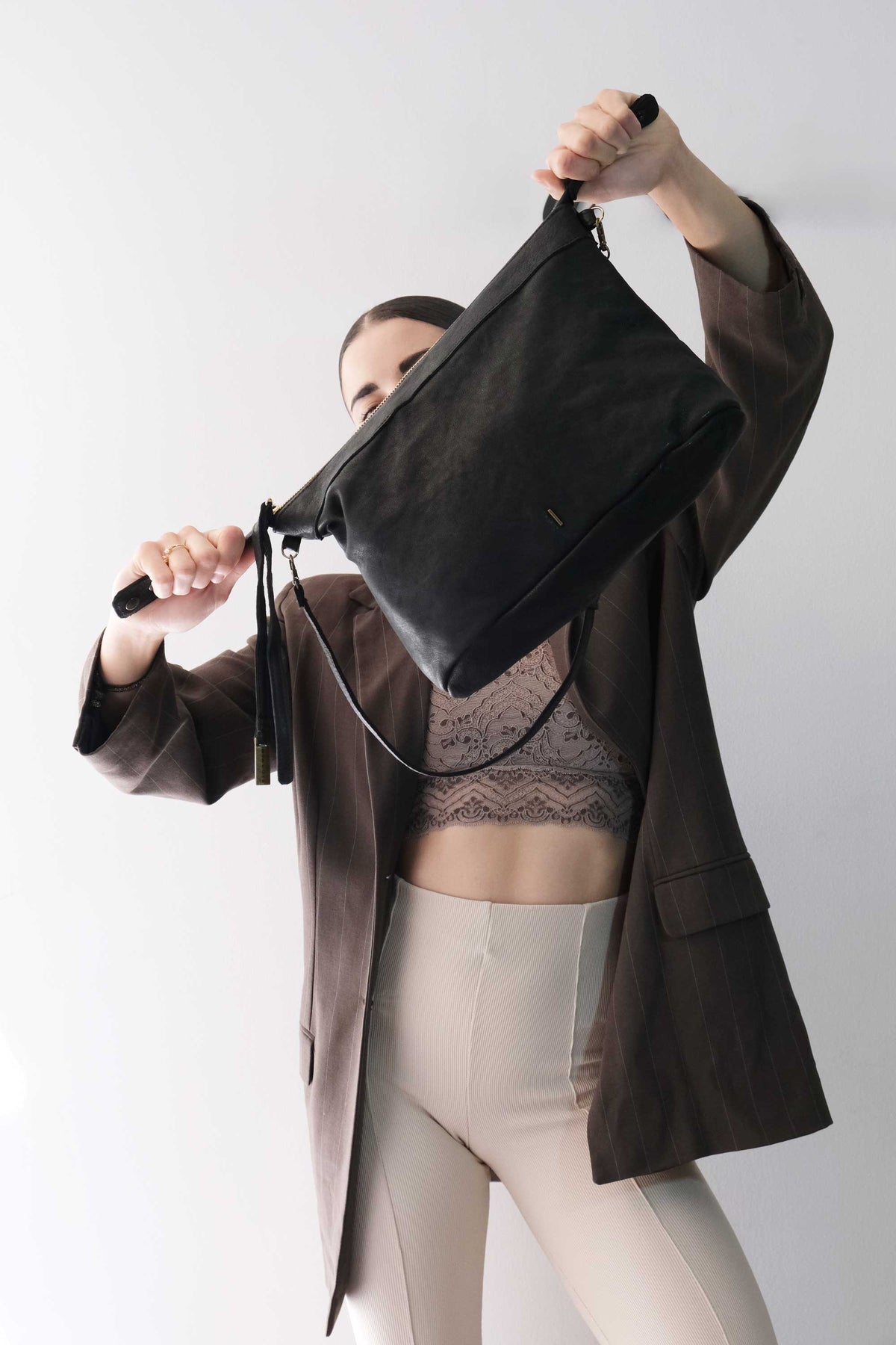 Chicca Media hobo bag in black nappa wash  - Made in Italy -