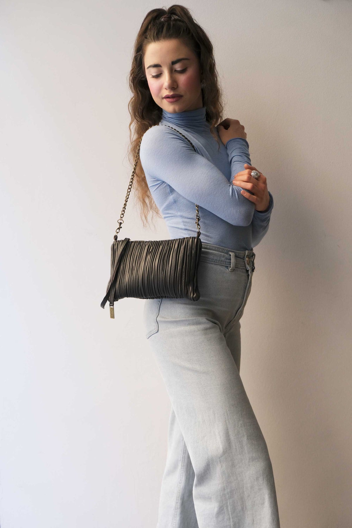 Mikin pochette in brown pleated leather - Made in Italy -