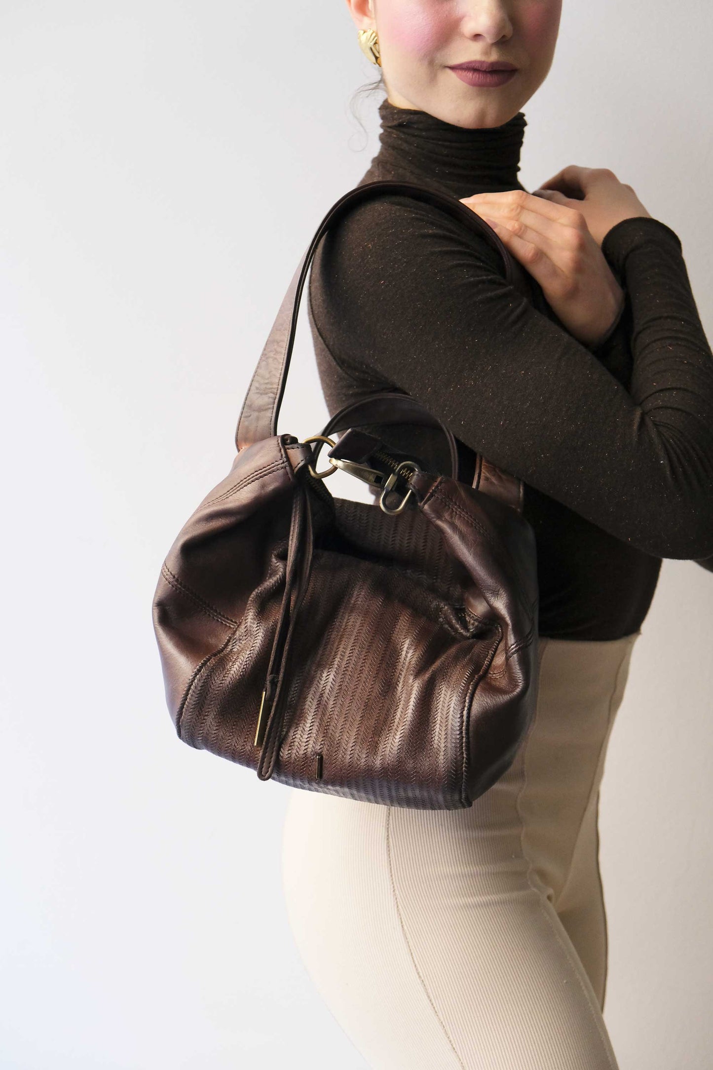Mina media tote bag in turner caffè soft leather - Made in Italy -